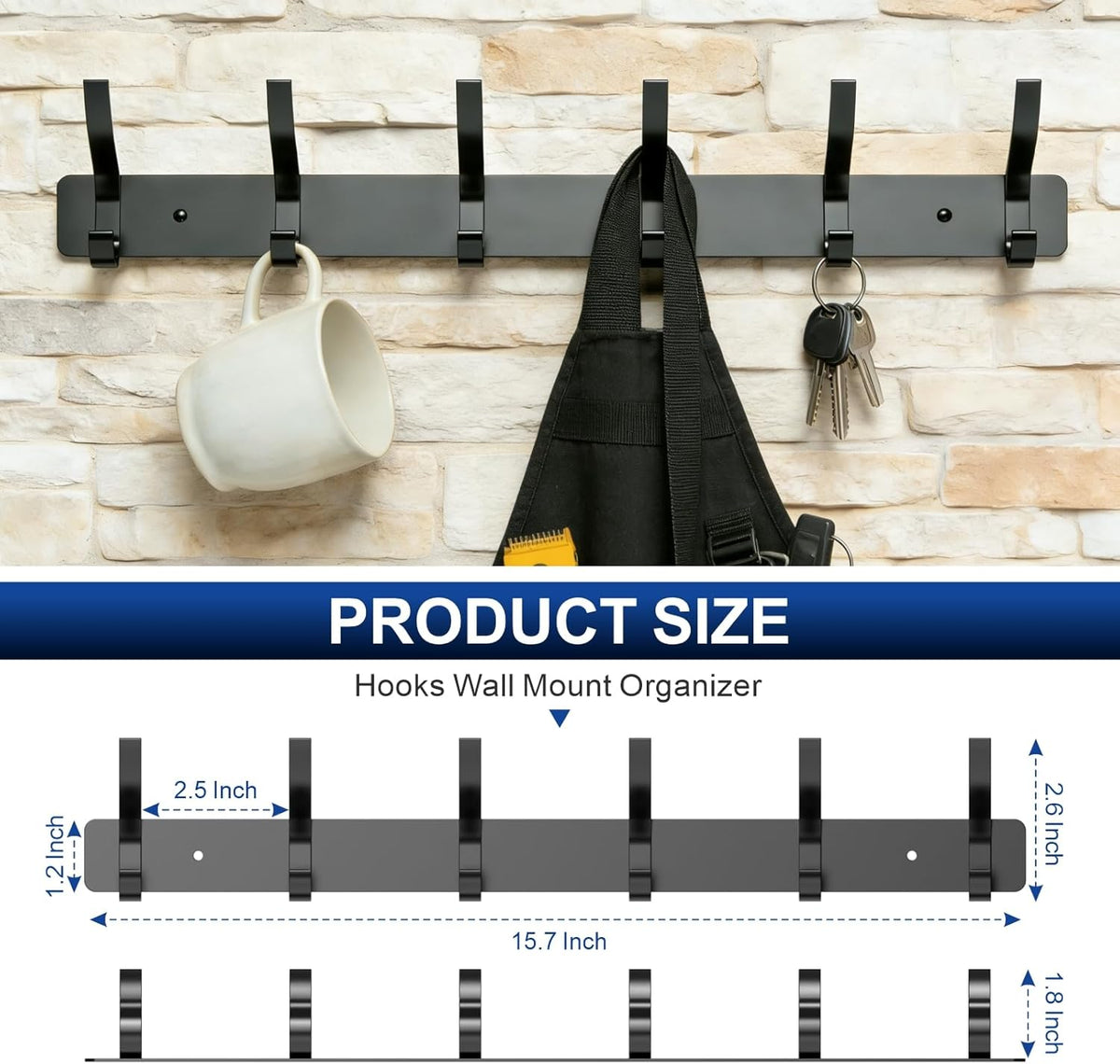 Wall Mounted Coat Rack, 6 Hooks for Hanging Clothes, Black, 2-Pack