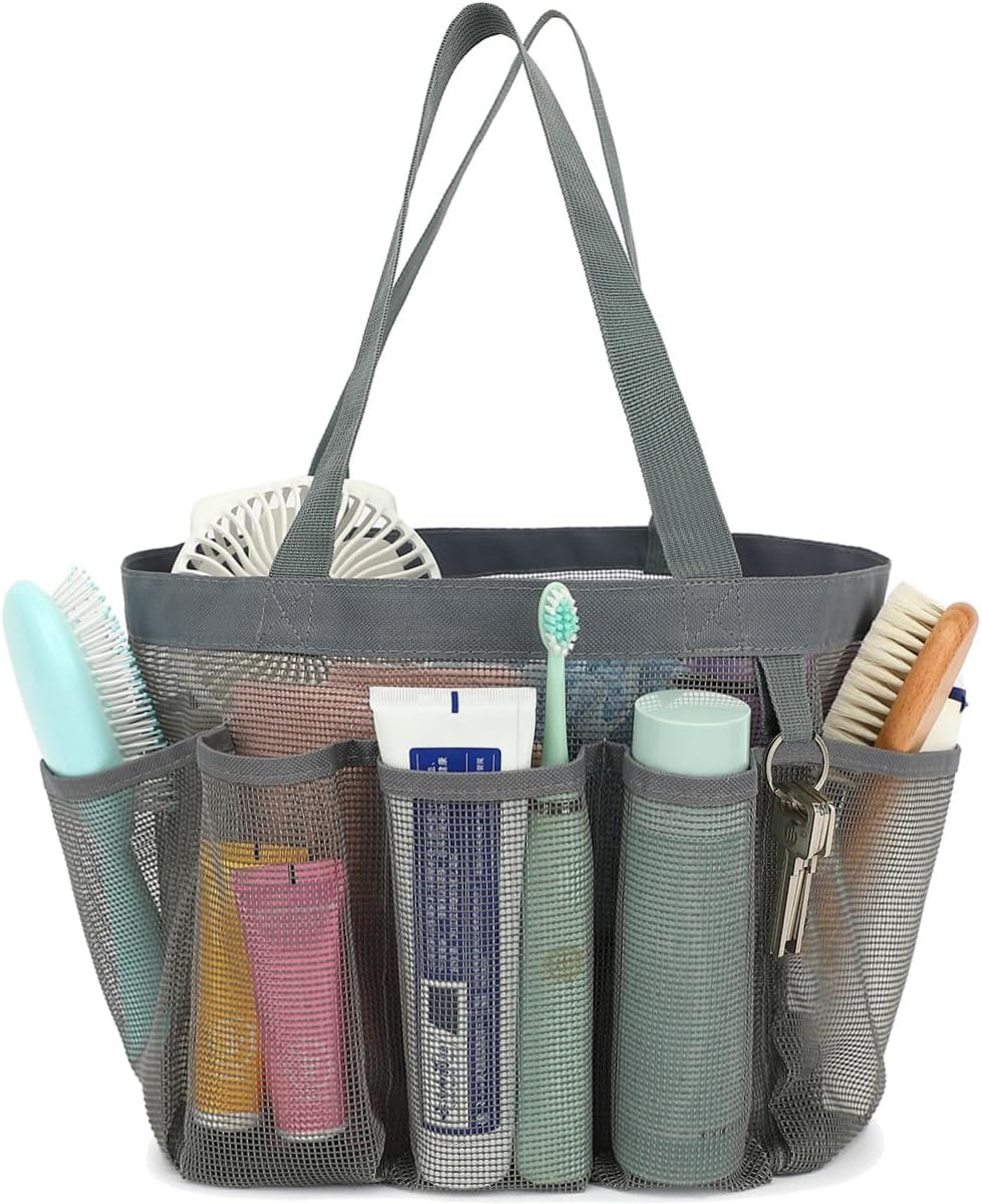 Fammart Mesh Shower Caddy Portable for College Dorm Room Essentials, Odorless Polyester Large Shower Tote Bag with Dual Handles, 8-Pocket Quick-Dry Toiletry Organizer for Travel, Beach, Camping, Gym