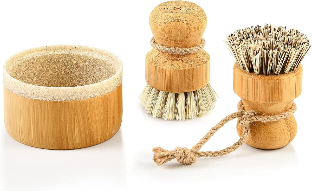 SUBEKYU Bamboo Dish Scrub Brush,Produce Brush,3 Pack with Ceramic Holder