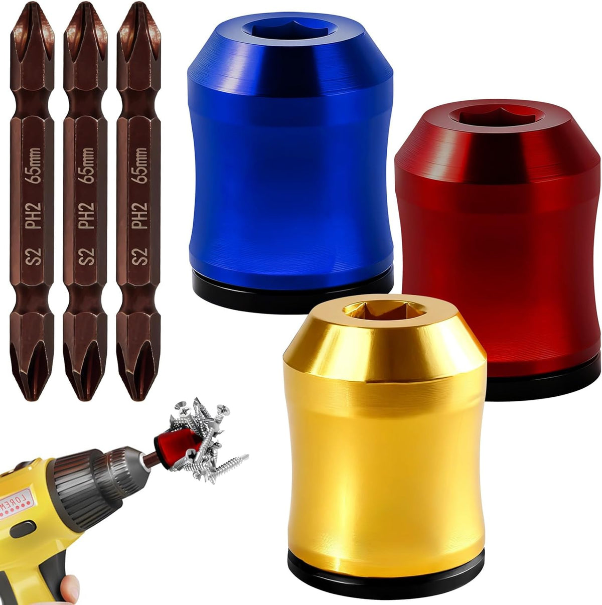 3Pcs Screwdriver Head Magnetic Ring with 3Pcs Ph2 Screwdriver Bit Set, Removable Household Tool for Drills| Universal Bit Holder for Hex Screwdrivers & Power Bits | Alloy Screw Holder for DIY Repair