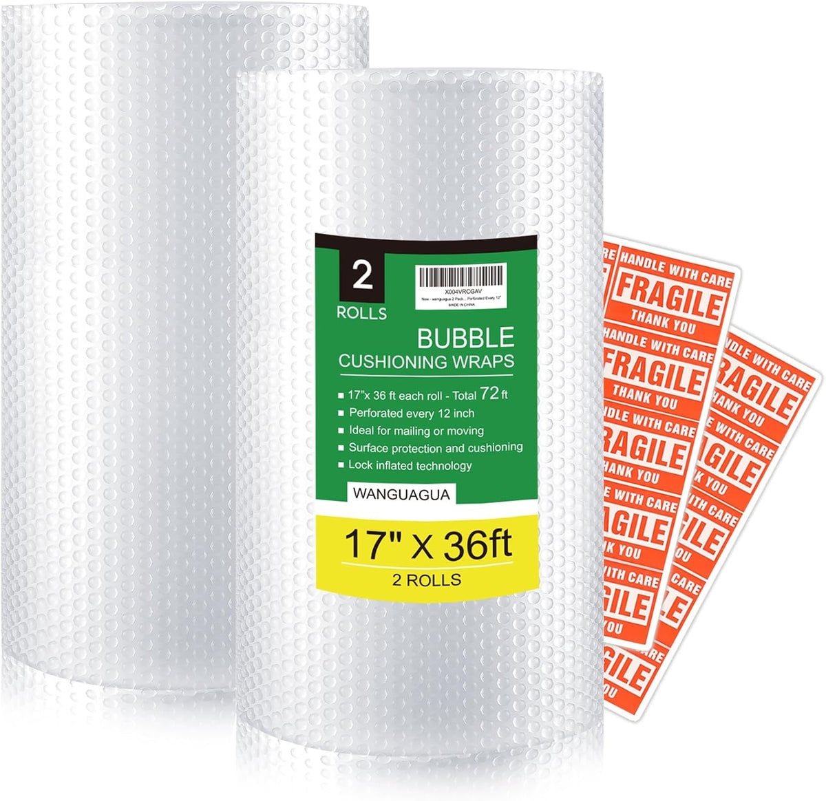 wanguagua Bubble Packing Moving Wrap, 12 Inch x 72 ft Total, 2 Pack