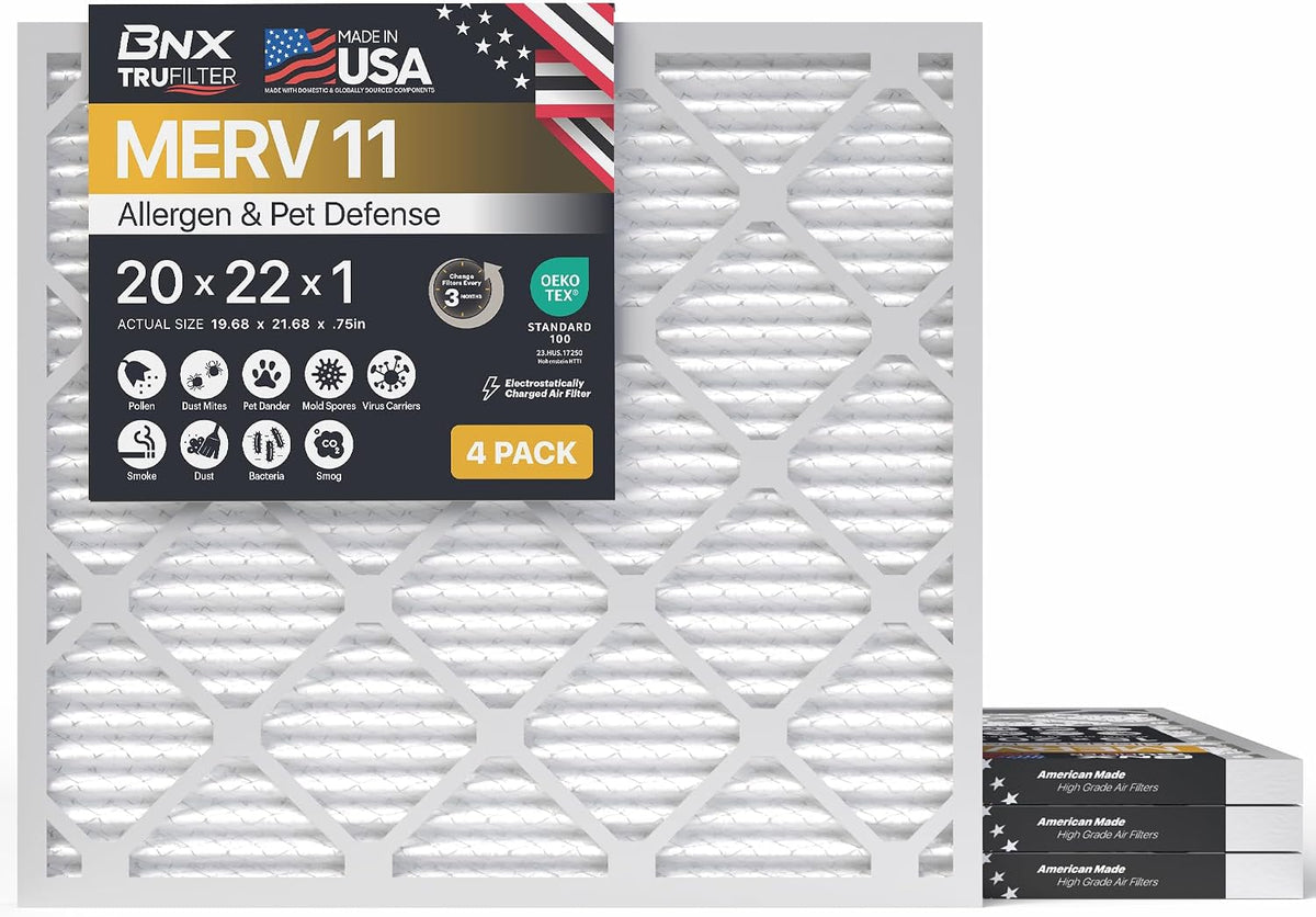 BNX TruFilter 20x20x1 Air Filter MERV 11 (6-Pack) - MADE IN USA - Allergen Defense Electrostatic Pleated Air Conditioner HVAC AC Furnace Filters for Allergies, Dust, Pet, Smoke, Allergy MPR 1200 FPR 7