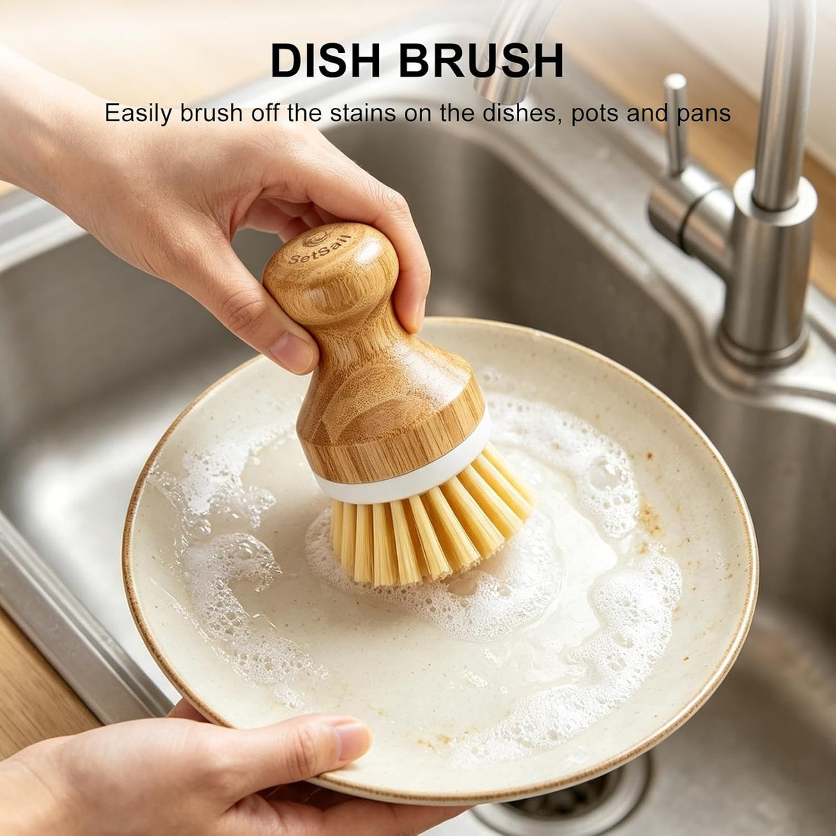Bamboo Dish Scrubber 2 Pack Kitchen Brushes for Dishes Cleaning