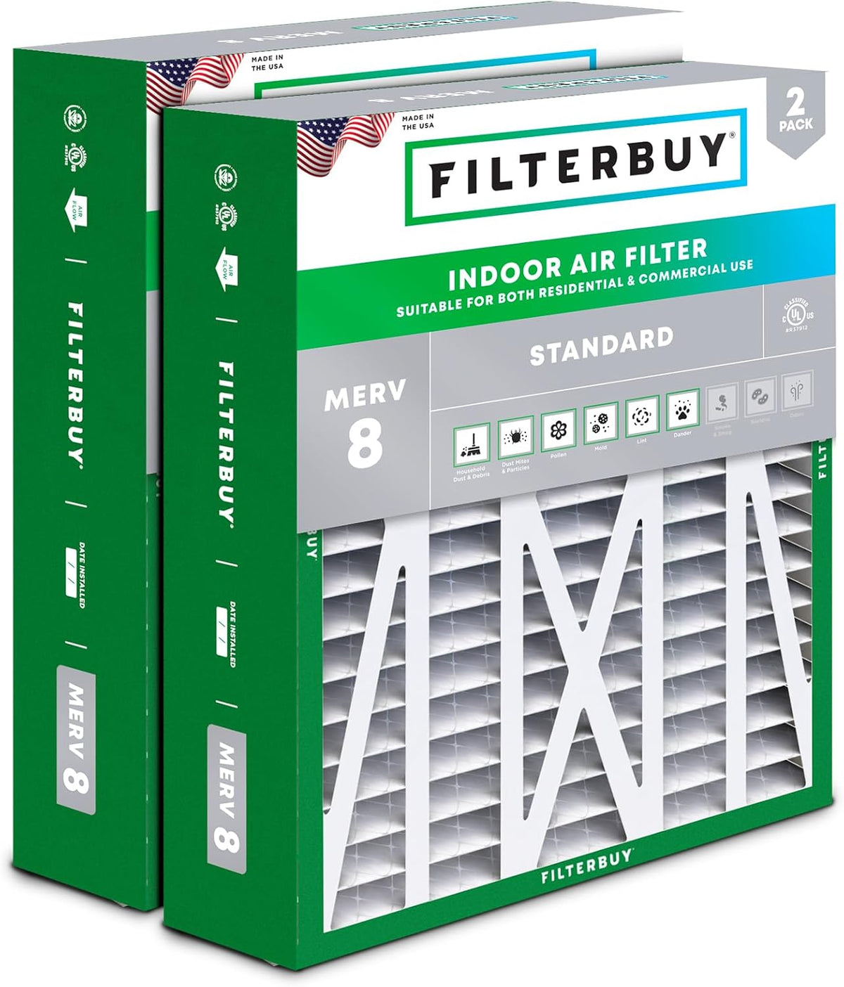 Filterbuy 20x25x5 Air Filter MERV 8 Dust & Allergy Defense (2-Pack)