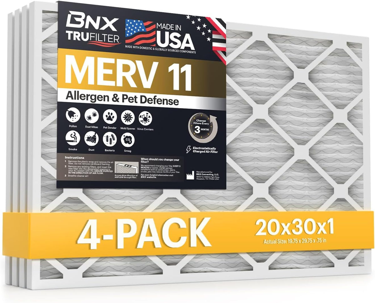 BNX TruFilter 20x20x1 Air Filter MERV 11 (6-Pack) - MADE IN USA - Allergen Defense Electrostatic Pleated Air Conditioner HVAC AC Furnace Filters for Allergies, Dust, Pet, Smoke, Allergy MPR 1200 FPR 7