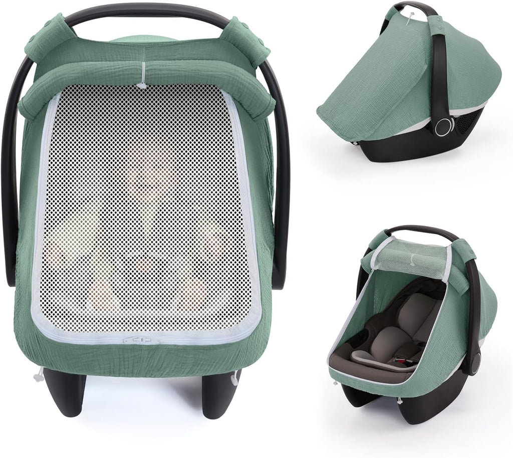 Blissful Diary Muslin Baby Car Seat Cover, Infant Canopy, Roman Green