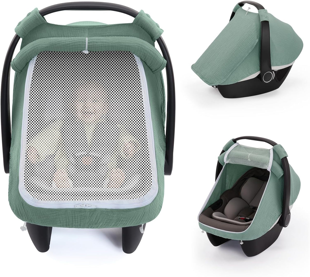 Blissful Diary Muslin Baby Car Seat Cover, Infant Canopy, Roman Green