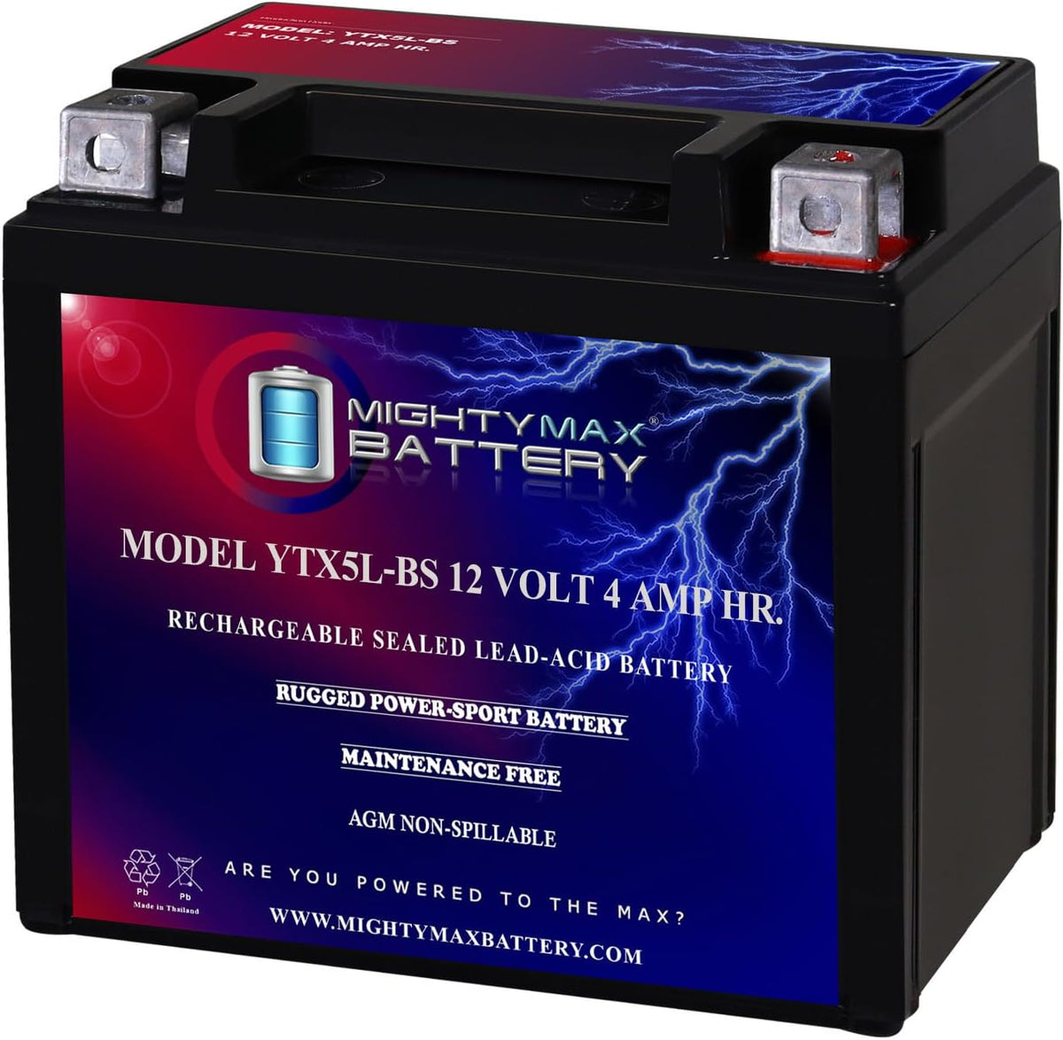 Mighty Max Battery YTX5L-BS -12 Volt 4 AH, 80 CCA, Rechargeable Maintenance Free SLA AGM Motorcycle Battery