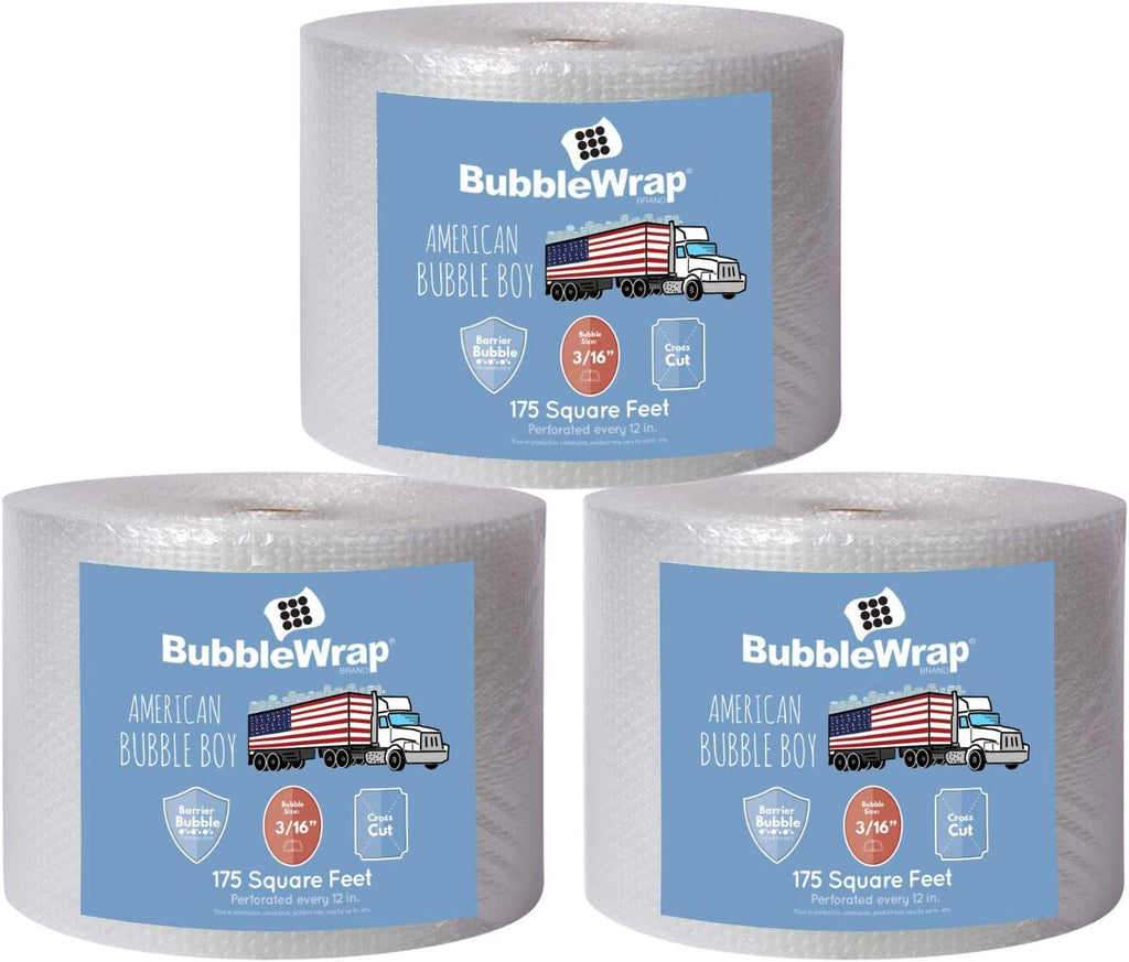 4 large rolls of Bubble Wrap total 700 feet, small bubbles 3/16 cushioning, 700 ft, heavy duty, perforated Every 12" Made in the USA by American Bubble Boy, bulk packaging wrap for moving and shipping