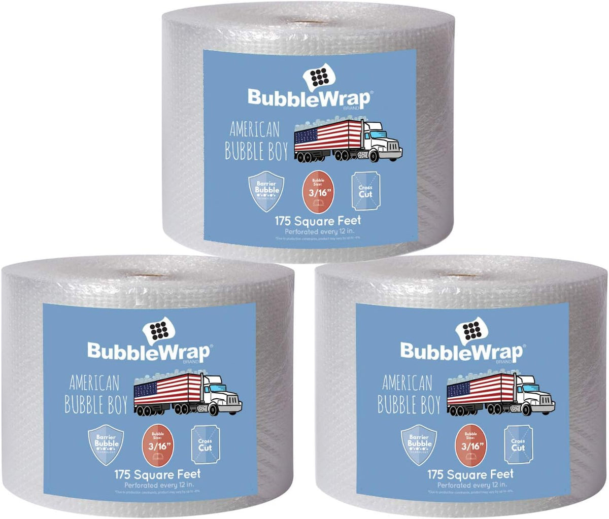 4 large rolls of Bubble Wrap total 700 feet, small bubbles 3/16 cushioning, 700 ft, heavy duty, perforated Every 12" Made in the USA by American Bubble Boy, bulk packaging wrap for moving and shipping