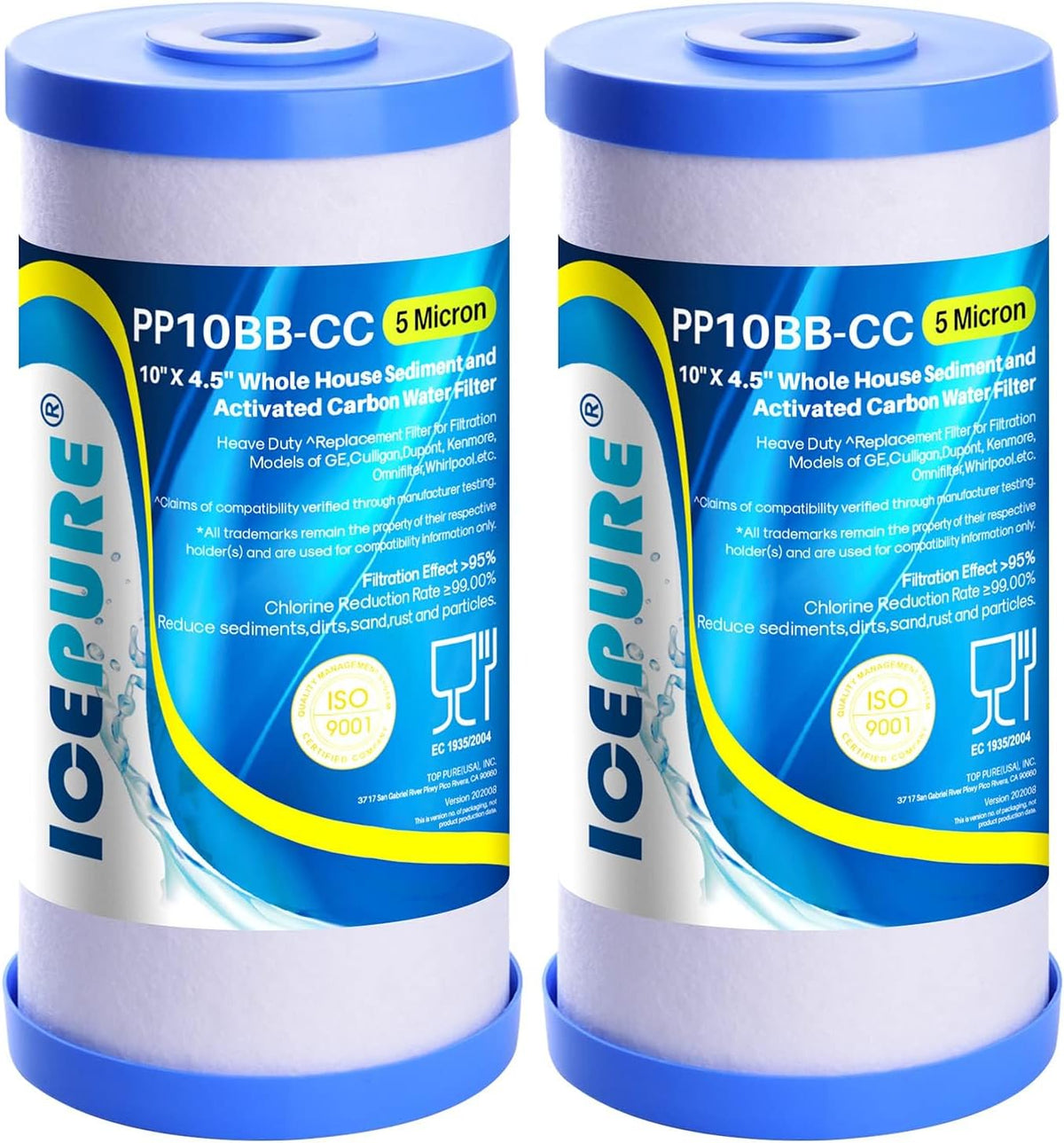 ICEPURE 5 Micron 10" x 4.5" Whole House Sediment and Carbon Filter 2 Pack