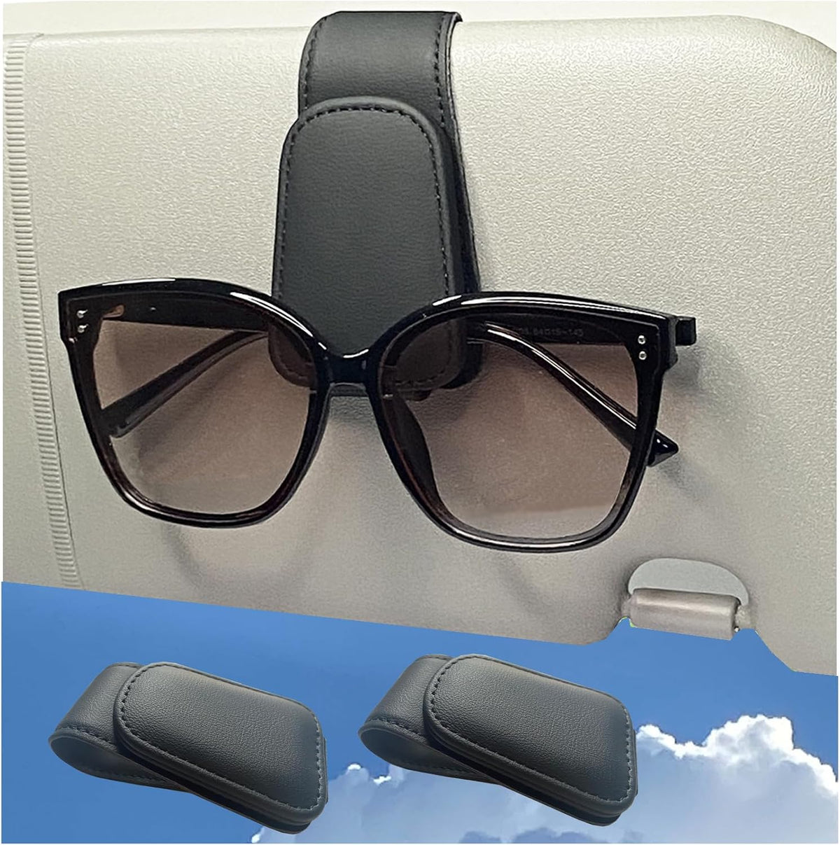 Magnetic Leather Sunglass Holder for Car, Eyeglasses Clip for Visor(Black)