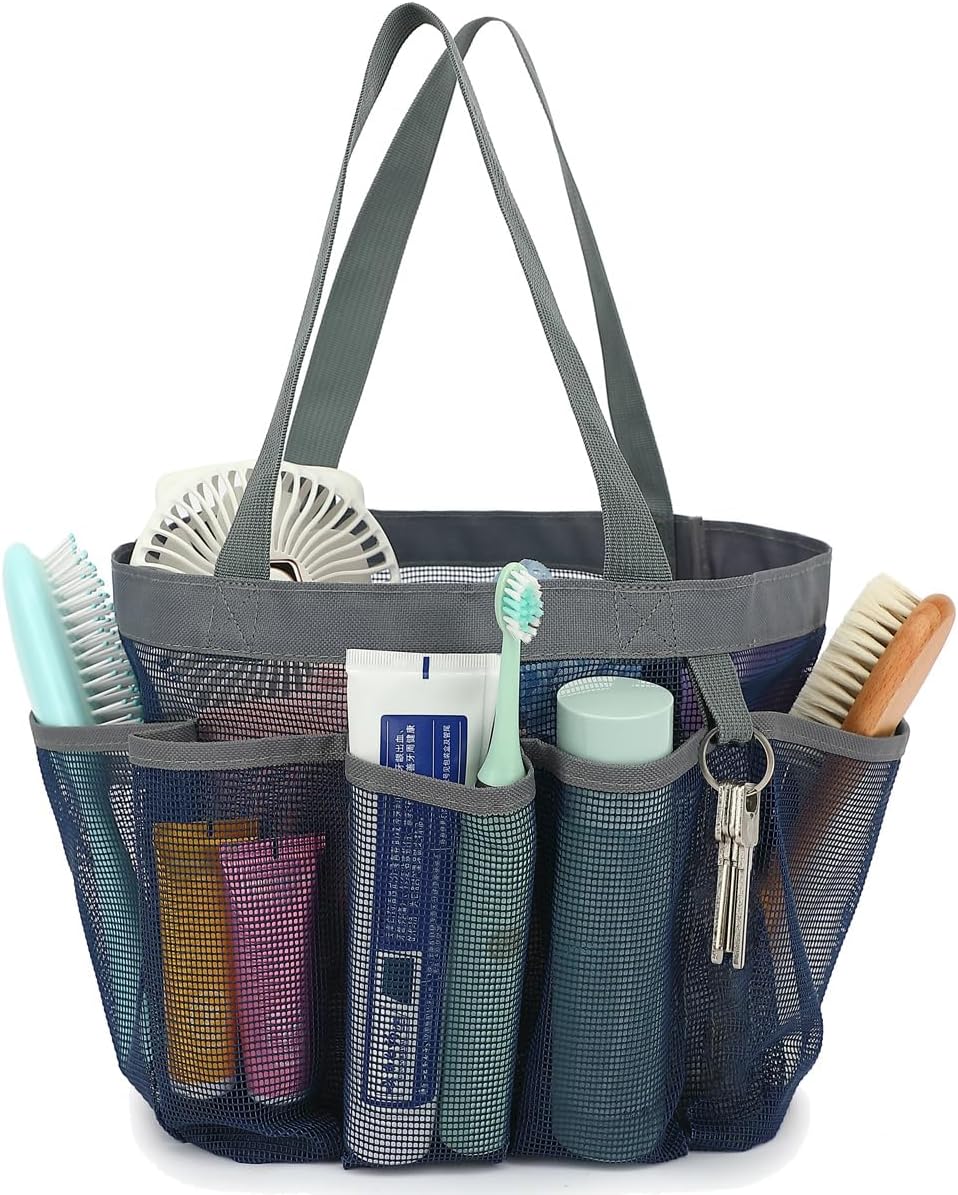 Fammart Mesh Shower Caddy Portable for College Dorm Room Essentials, Odorless Polyester Large Shower Tote Bag with Dual Handles, 8-Pocket Quick-Dry Toiletry Organizer for Travel, Beach, Camping, Gym