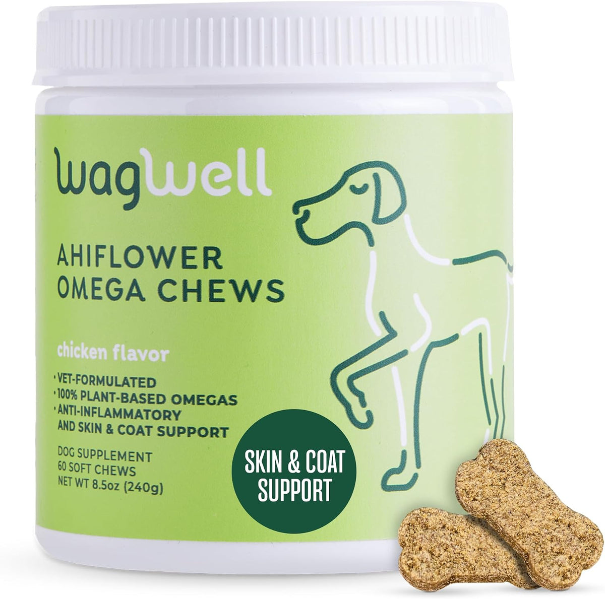 WagWell Ahiflower Plant-Based Omega 3, 6, and 9 Chews for Dogs (60 Count) | Omega 3-6-9 Fish Oil Alternative, Vet-Formulated for Joints, Skin & Coat Support, for Dogs of All Ages & Sizes, Made in USA