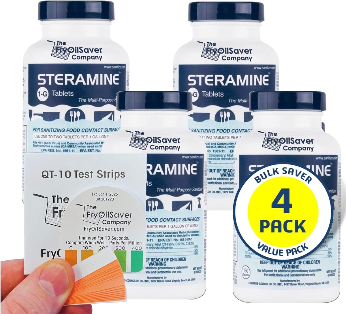 2 Bottles Steramine Sanitizer Tablets, 300 Count + 15x QT-10 Test Strips
