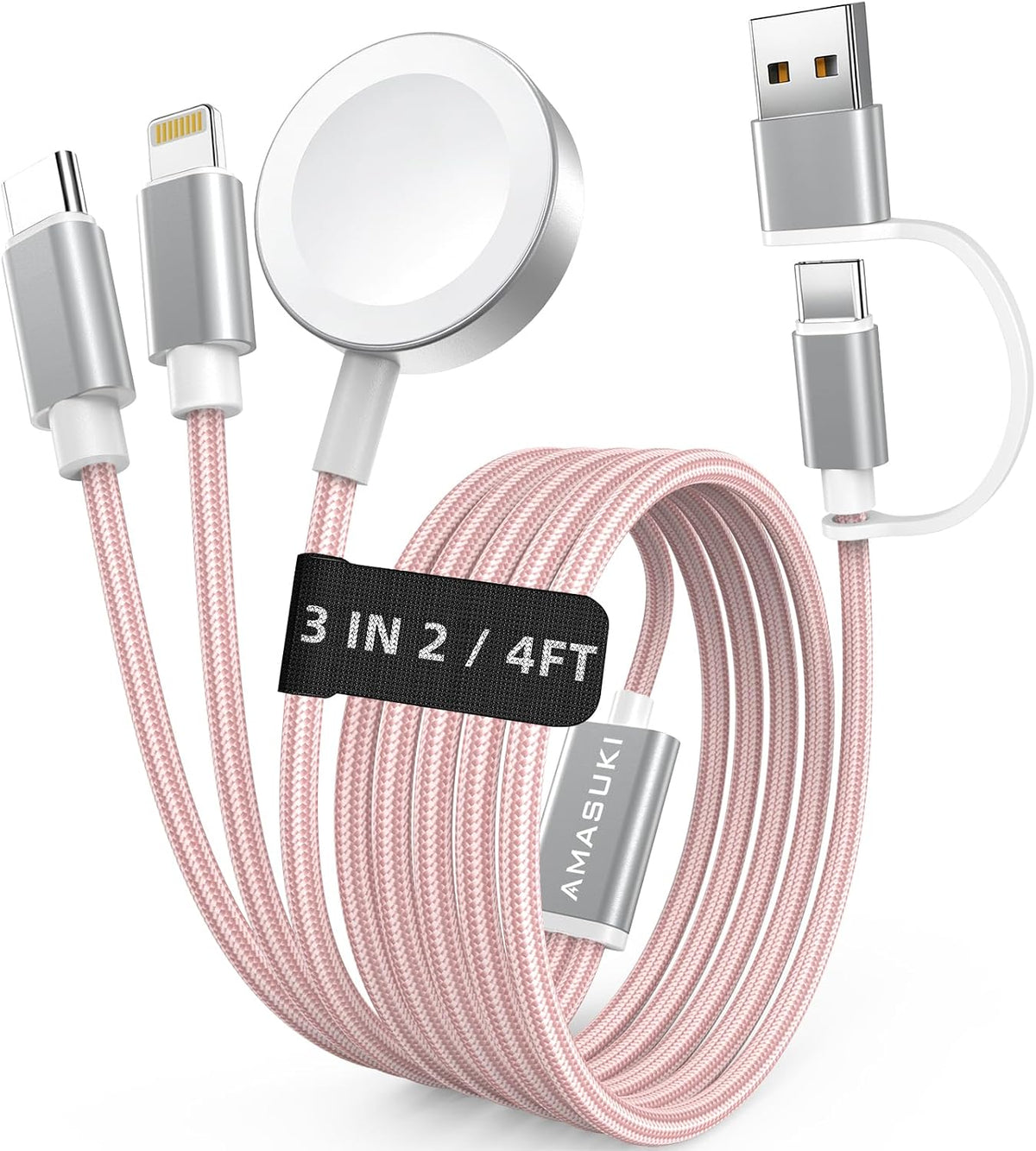 Travel Essentials,3 in 2 USB C Cable for Apple Watch Charger,iPhone Charger,Multi Charging Cable,Cruise Vacation Camping Essentials for iWatch Series 11-2/Ultra,iPhone 17-12,Car Accessories,Grey-6FT