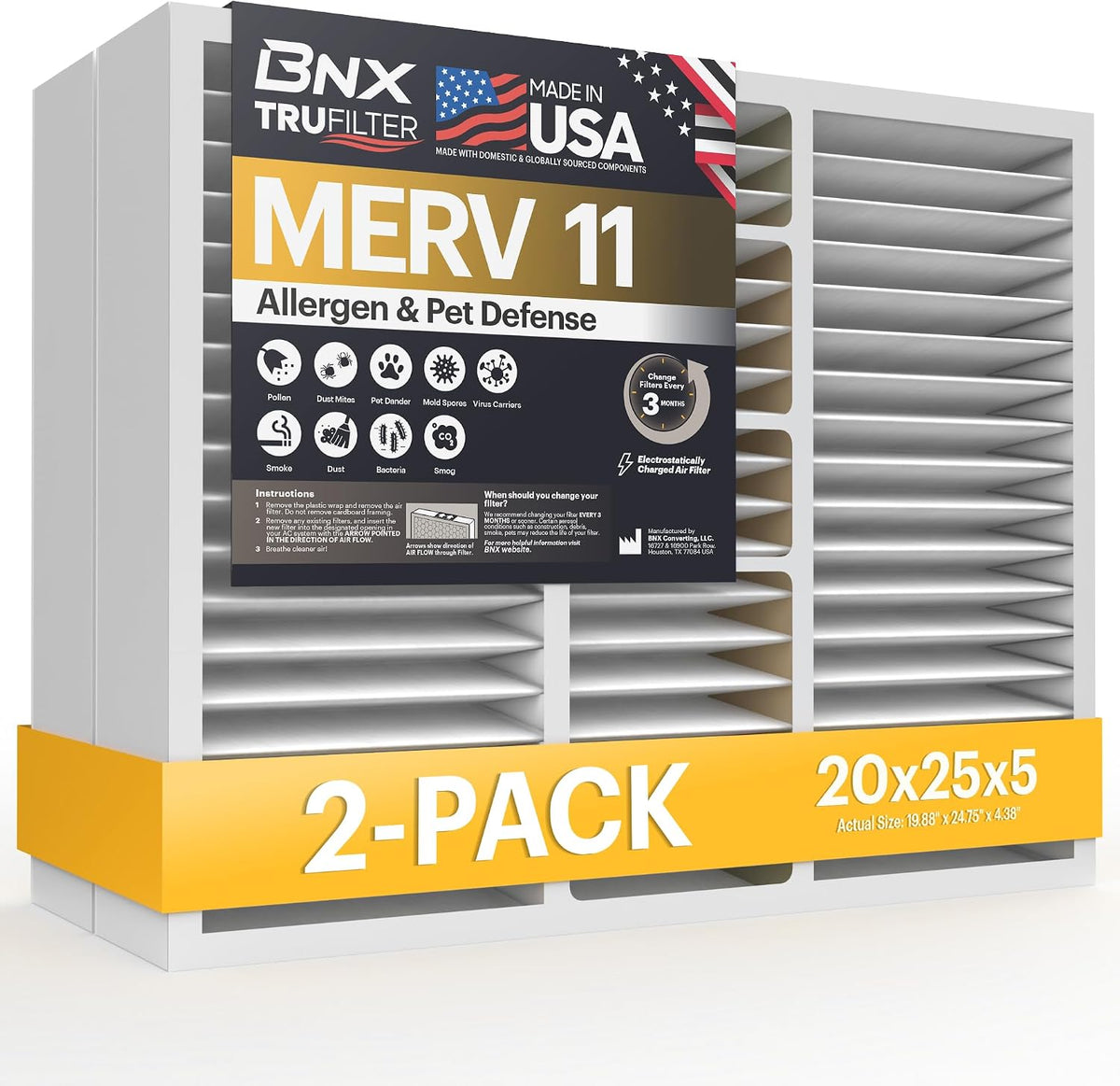 BNX TruFilter 20x20x1 Air Filter MERV 11 (6-Pack) - MADE IN USA - Allergen Defense Electrostatic Pleated Air Conditioner HVAC AC Furnace Filters for Allergies, Dust, Pet, Smoke, Allergy MPR 1200 FPR 7