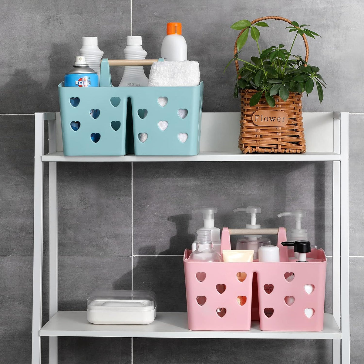 Portable Shower Caddy Plastic Shower Basket Organizer with Handle, Pink