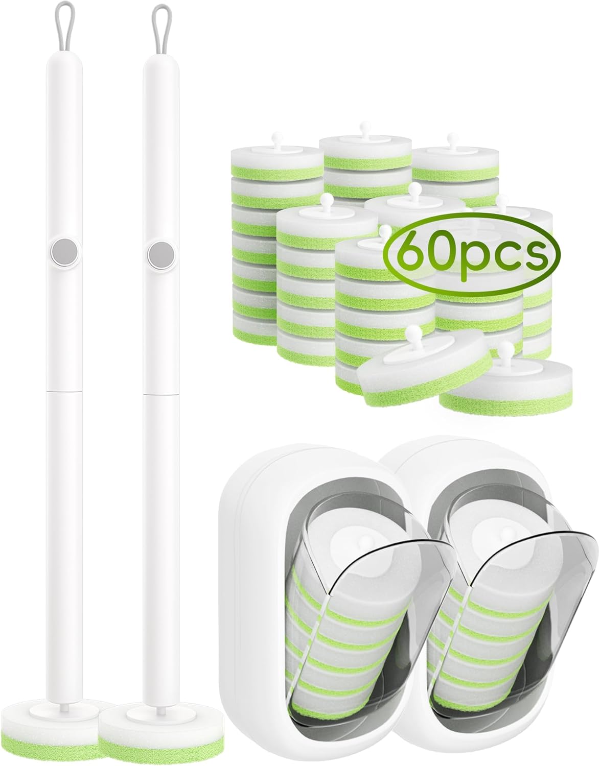 Wall Mounted Disposable Toilet Brush System with Holder, Toilet Bowl Cleaning Wand with Green Refills and One-Button Release, 1 Wand and Holder with 24 Green Refills