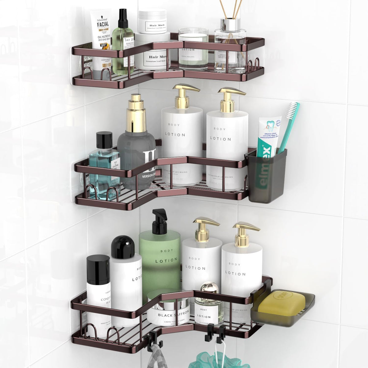 AKTECKE Corner Shower Caddy, 2 Pack Adhesive Shower Corner Organizer Shelves, No Drilling Stainless Steel Shower Storage Rack with Hooks&Toothpaste Holder for Bathroom Kitchen （for 90° Corners Only）