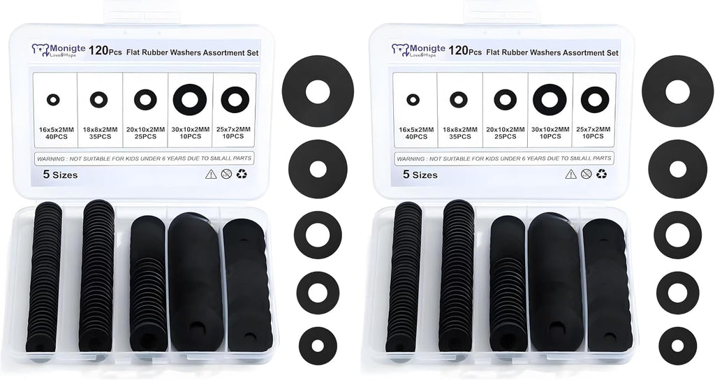 120Pcs Flat Rubber Washers Assortment Kit,16/18/20/25/30mm Black Washer,Vibration Absorbing Pads Sealing Rubber Washers for Faucets Garden Bolts Screws Hose Plumbing Shower Head- 5 Sizes