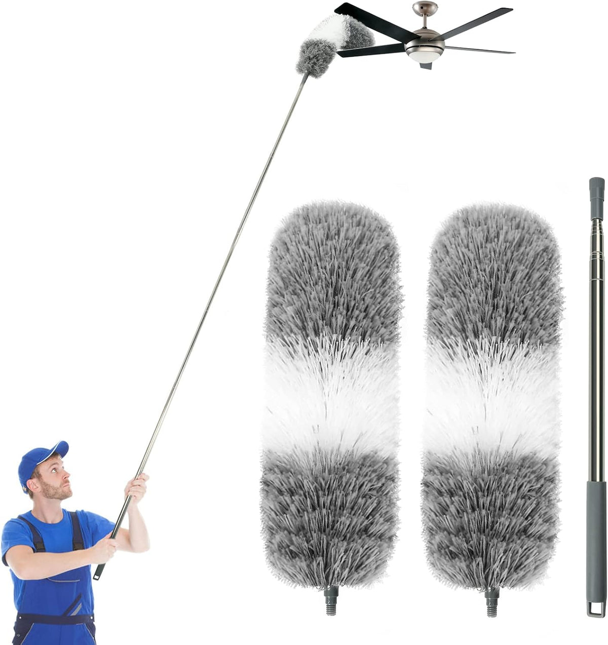 Retractable Gap Dust Cleaner Cleaning Tools with 2 Microfiber Dusting Cloths Long Handle 60inches Washable and Retractable Duster Brush for Cleaning Under Appliances Furniture Couch Fridge