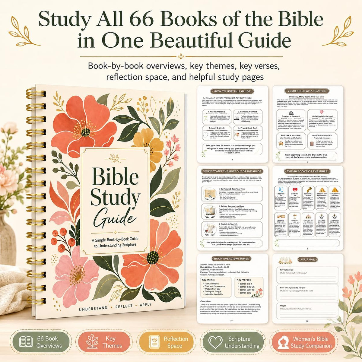 Bible Study Guide for Women, Book-by-Book Overview of All 66 Books, B5 Size Spiral-Bound with Pocket Scripture Companion for Personal Devotions, Group Study, Reflection, Notes and Faith Growth