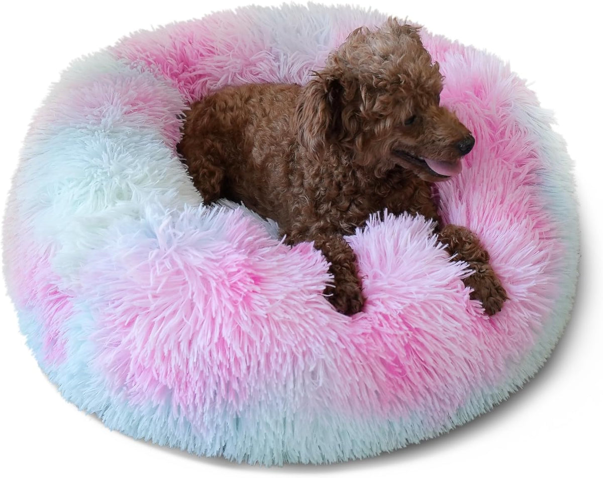 Small Calming Dogs Bed for Small Dogs Anti-Anxiety Machine Washable Fluffy Luxury Anti-Slip Waterproof Mute Base Warming Cozy Soft Pet Puppy Round Bed