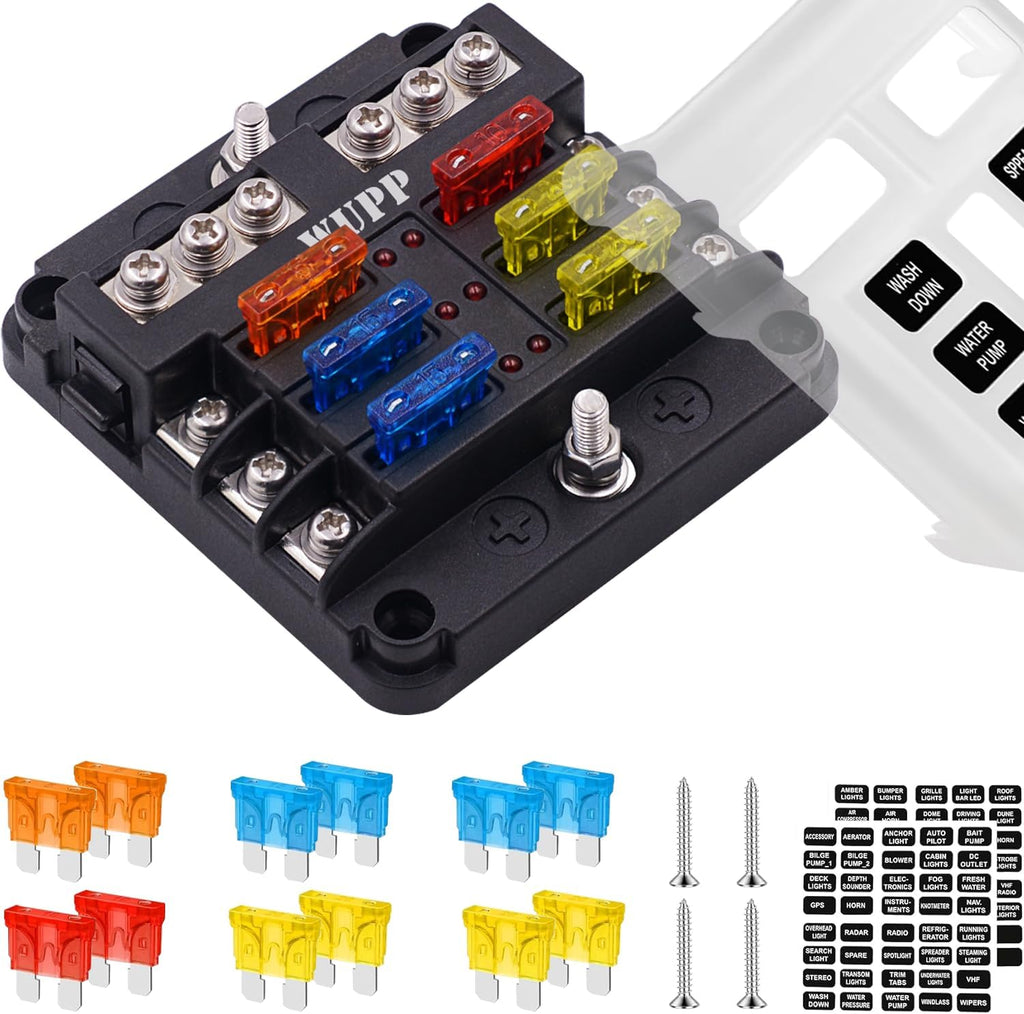 WUPP 12 Volt Fuse Block, Waterproof Boat Fuse Panel with LED Warning Indicator Damp-Proof Cover, 6 Circuits with Negative Bus Fuse Box for Car Marine RV Truck DC 12-24V