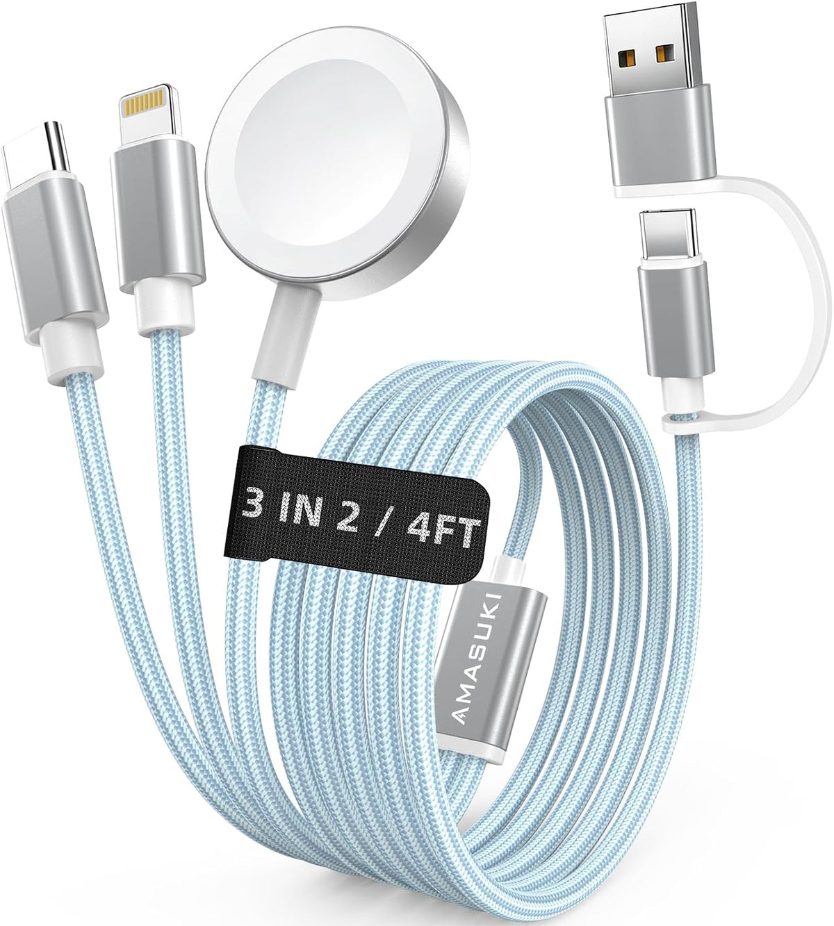 Travel Essentials,3 in 2 USB C Cable for Apple Watch Charger,iPhone Charger,Multi Charging Cable,Cruise Vacation Camping Essentials for iWatch Series 11-2/Ultra,iPhone 17-12,Car Accessories,Grey-6FT