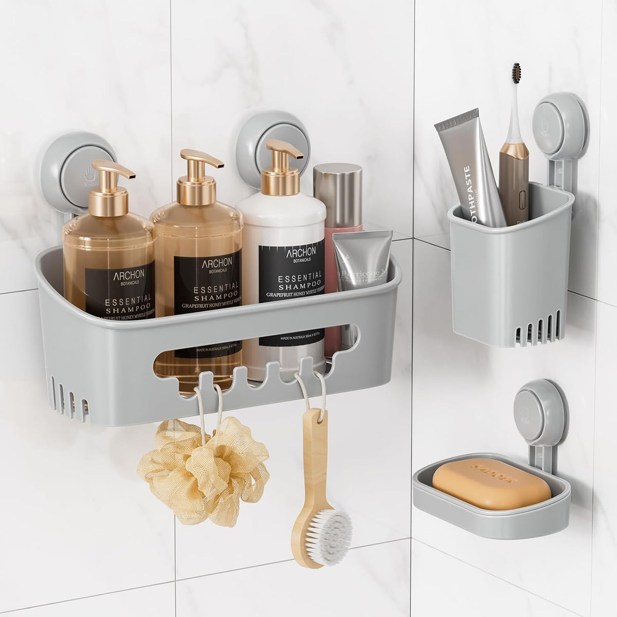 LEVERLOC Shower Caddy Suction Cup, 2 Pack Suction Shower Shelf With Hooks