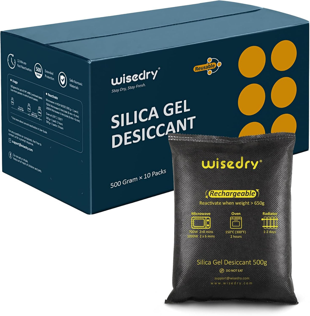 wisedry 2 x 500 Gram See-Through Silica Gel Packets, Color-Indicating Desiccant Packs for Storage, Reusable Gun Safe Dehumidifier, Rechargeable Car Dehumidifier Bag
