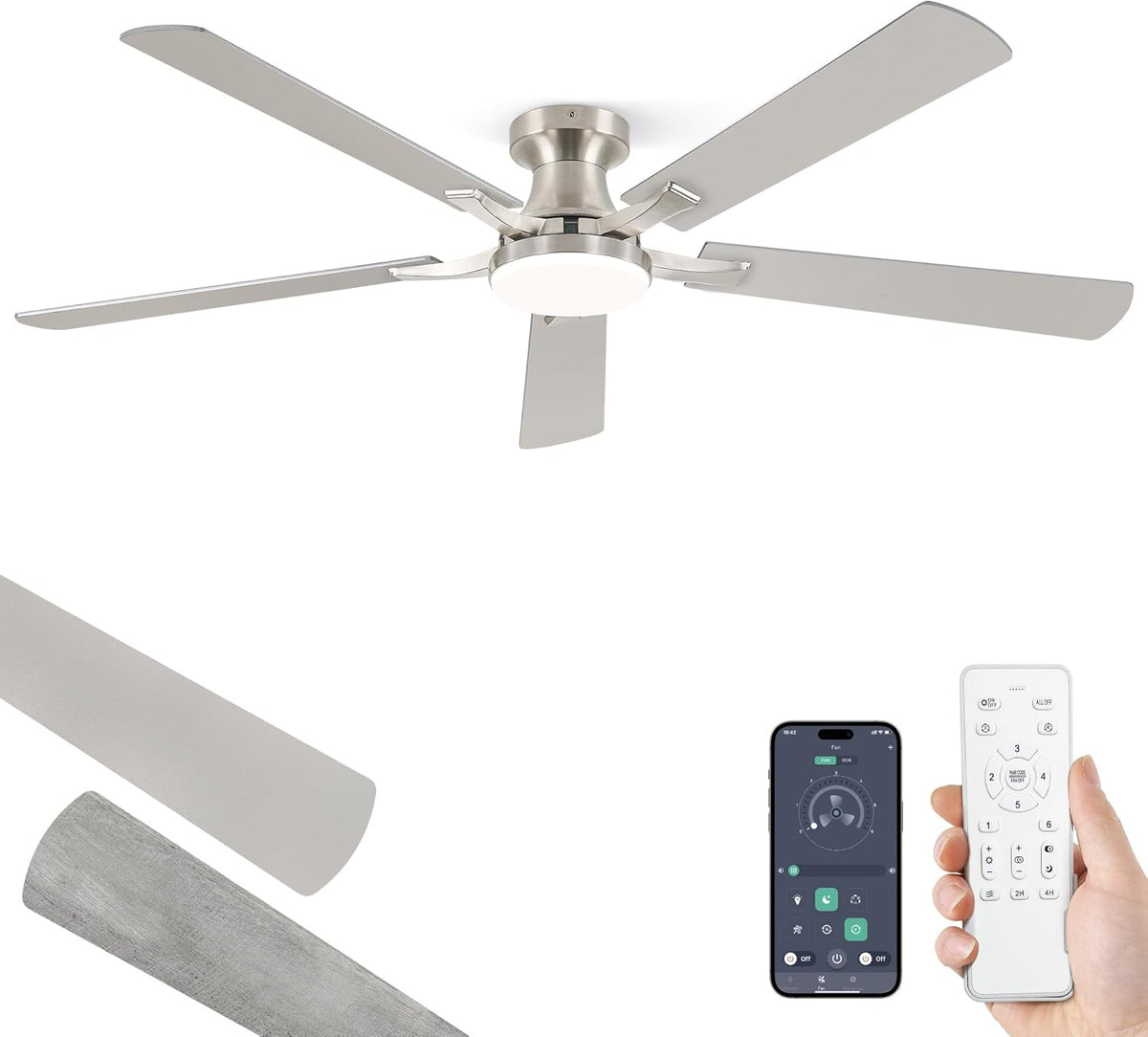 ZMISHIBO 52 Inch Ceiling Fans with Lights, Remote&App Control, Flush Mount