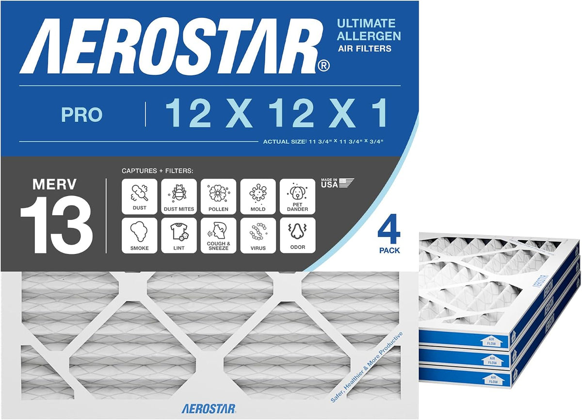 Aerostar Air Filter 12x12x1 MERV 8 AC Filter, HVAC, Furnace Filter, 4 Pack