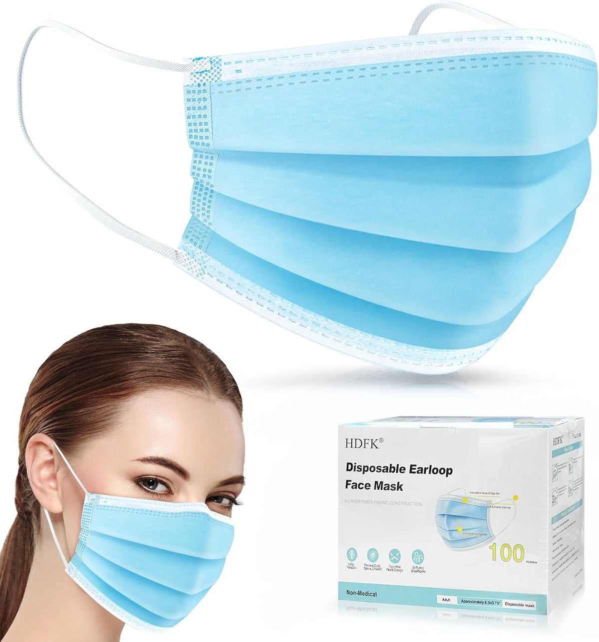 HDFK Face Mask Disposable Adults 3Ply Non-Woven with Nose Clip Blue 50Pack