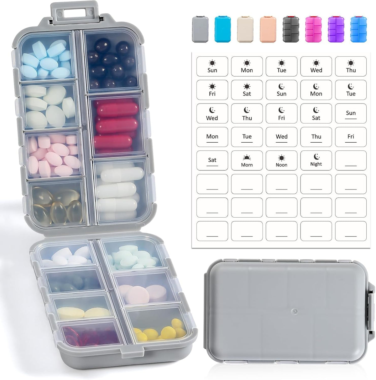 LANDNEOO 14 Grids Pill Organizer Box with Labels, Travel Medication Holder Dispenser Case Kit, Pocket Daily Pharmacy Container for Fish Oil Vitamin Supplement Storage, Khaki Pink Grey, 3 Pack