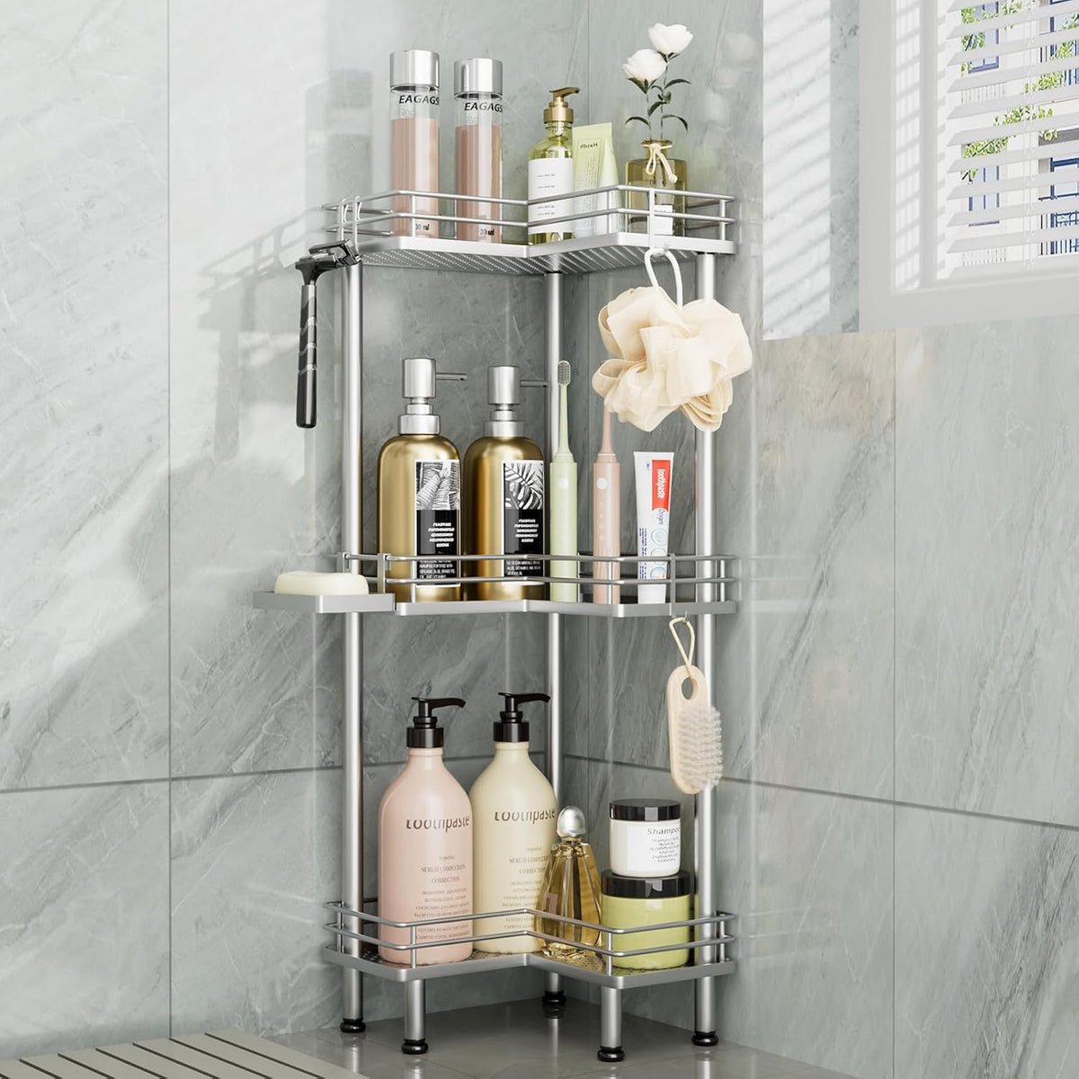 Consumest Corner Shower Caddy Standing - 3-Tier Stainless Steel Shower Organizer with Soap Holder and 4 Hooks, Large Capacity Corner Shelf Stand for Bathroom, Rest Room, Black