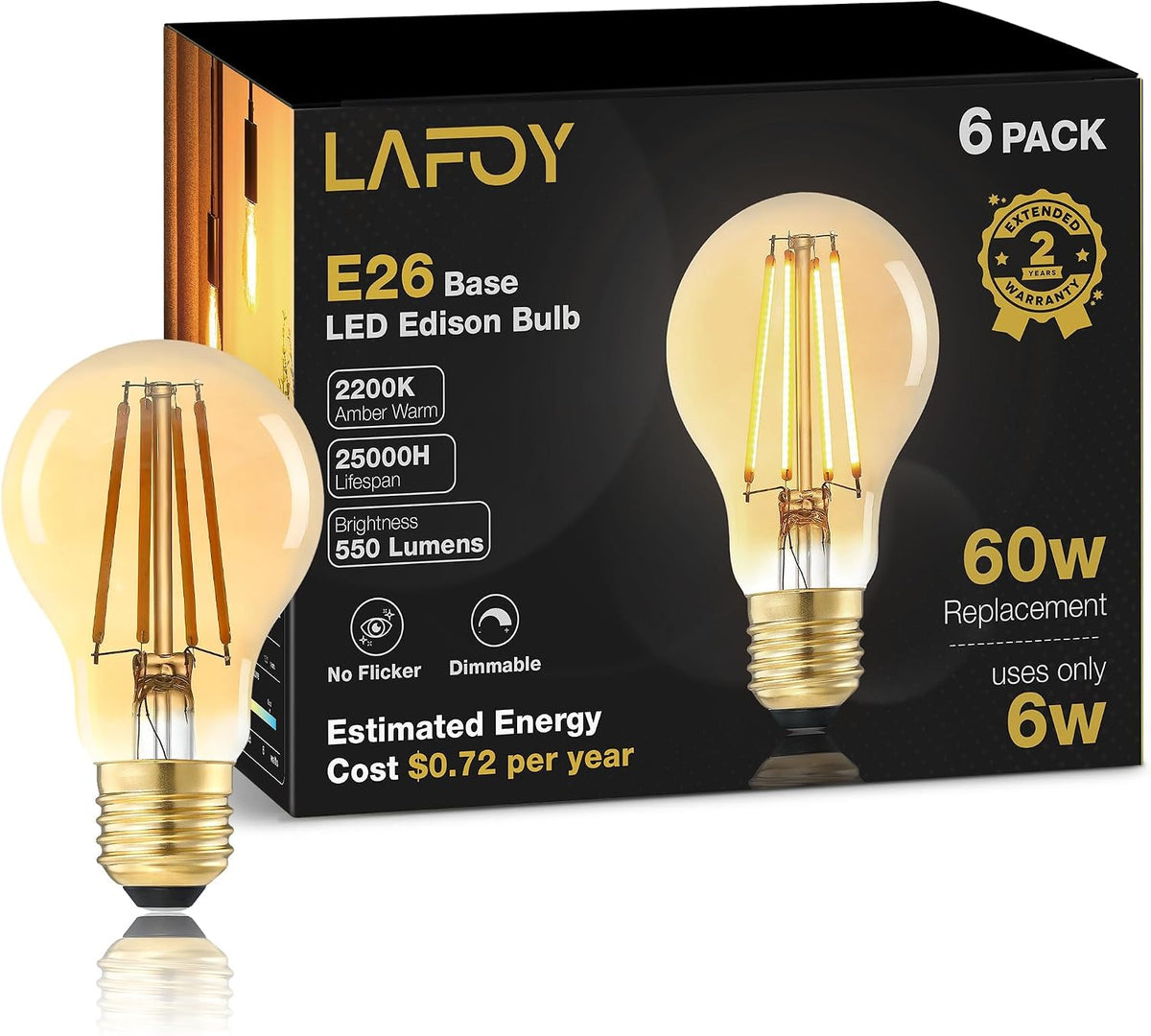 Lafoy A19 Amber Edison Bulbs, Dimmable E26 LED 60 Watt Equivalent 6 Pack