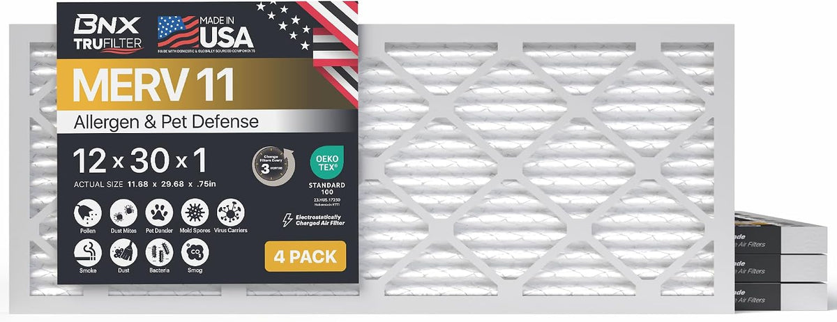 BNX TruFilter 20x20x1 Air Filter MERV 11 (6-Pack) - MADE IN USA - Allergen Defense Electrostatic Pleated Air Conditioner HVAC AC Furnace Filters for Allergies, Dust, Pet, Smoke, Allergy MPR 1200 FPR 7