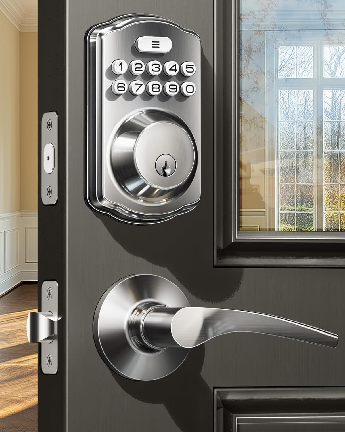 Veise KS01B Keypad Door Lock with 2 Lever Handles Set, Satin Nickel