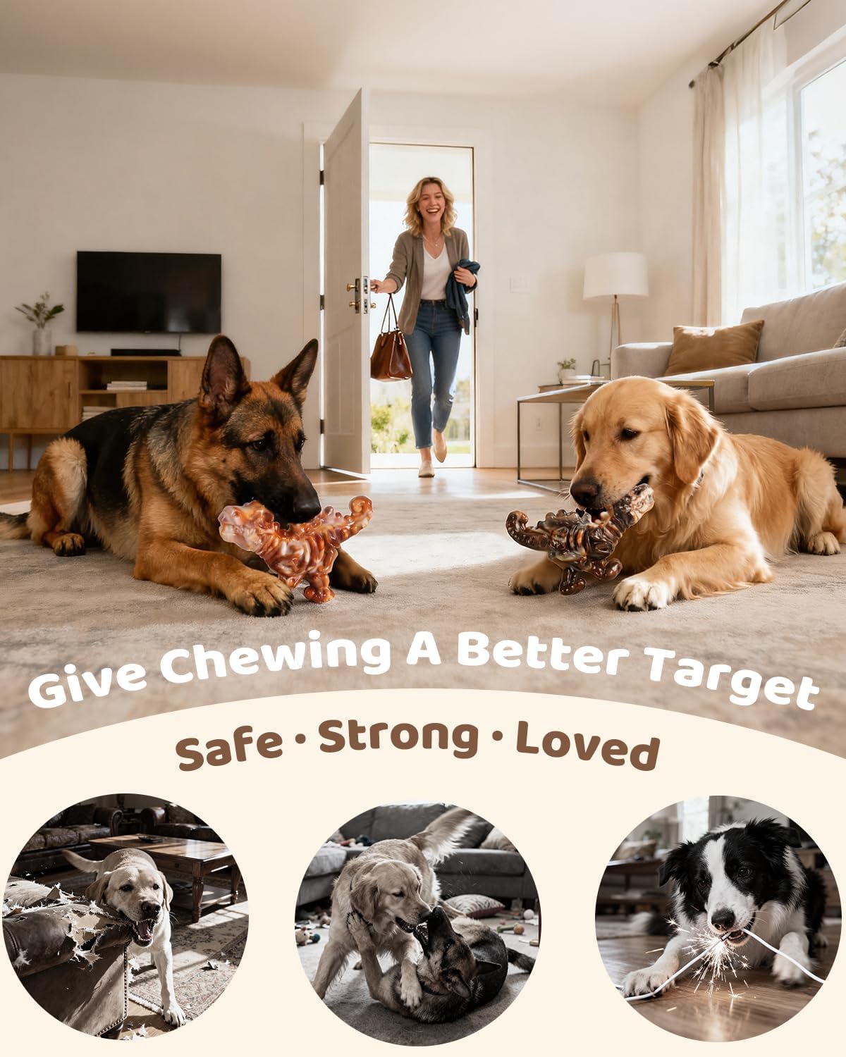 DinoBone 2-Pack Tough Dog Chew Toys for Aggressive Chewers, Rock-Hard Nylon | Bacon Flavor Bones for Large Dogs 20–90 Lb, Designed for Power Chewers and Helps Redirect Destructive Chewing, Amber Color