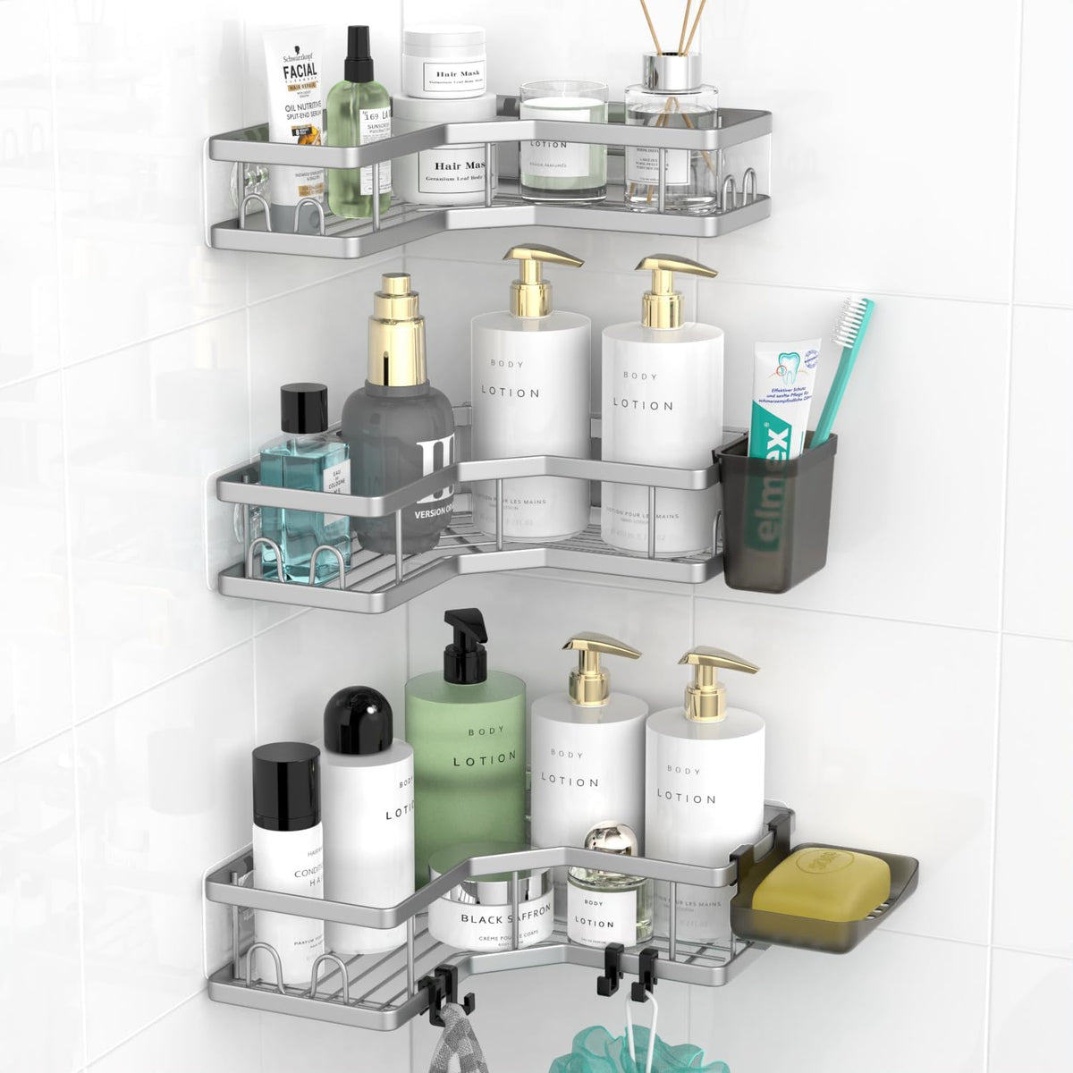 AKTECKE Corner Shower Caddy, 2 Pack Adhesive Shower Corner Organizer Shelves, No Drilling Stainless Steel Shower Storage Rack with Hooks&Toothpaste Holder for Bathroom Kitchen （for 90° Corners Only）