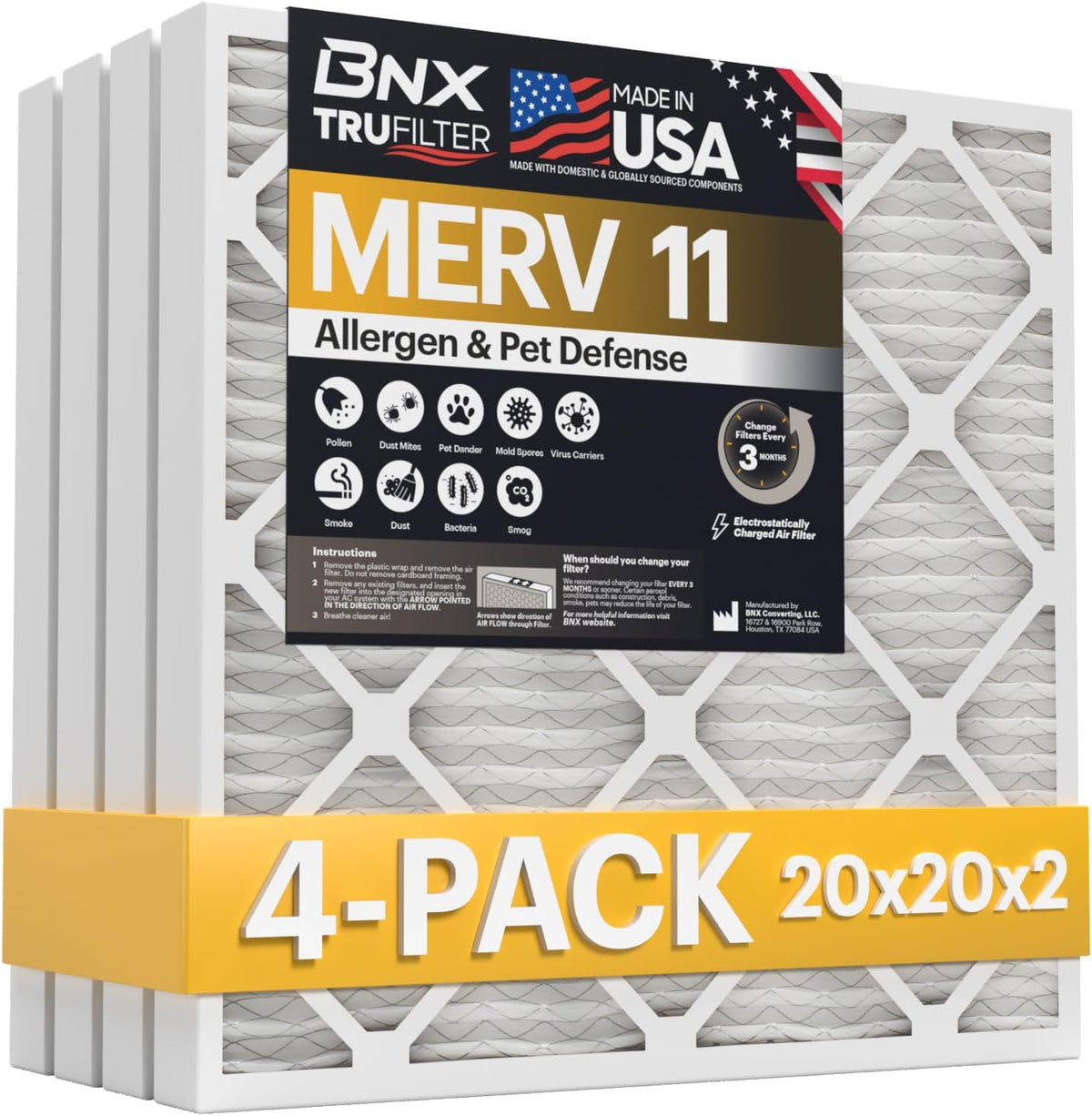 BNX TruFilter 20x20x1 Air Filter MERV 11 (6-Pack) - MADE IN USA - Allergen Defense Electrostatic Pleated Air Conditioner HVAC AC Furnace Filters for Allergies, Dust, Pet, Smoke, Allergy MPR 1200 FPR 7