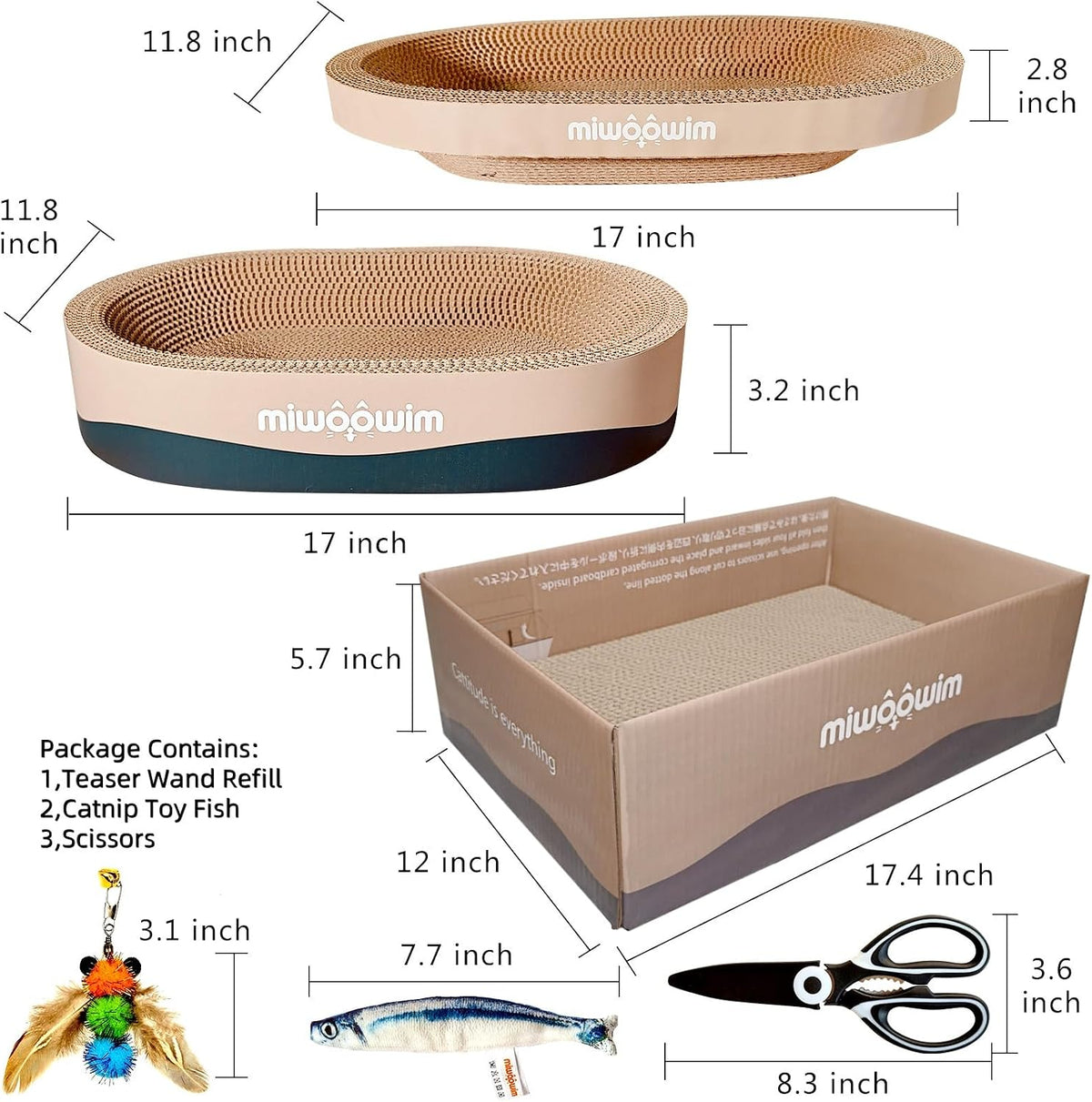 miwoowim 3-Piece Cat Scratcher Set, Oval Bowl Nest for Indoor Cats