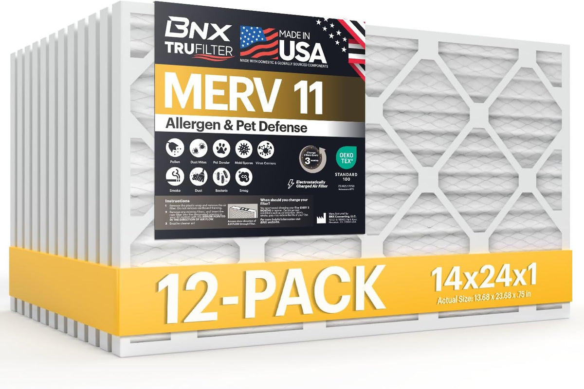 BNX TruFilter 20x20x1 Air Filter MERV 11 (6-Pack) - MADE IN USA - Allergen Defense Electrostatic Pleated Air Conditioner HVAC AC Furnace Filters for Allergies, Dust, Pet, Smoke, Allergy MPR 1200 FPR 7