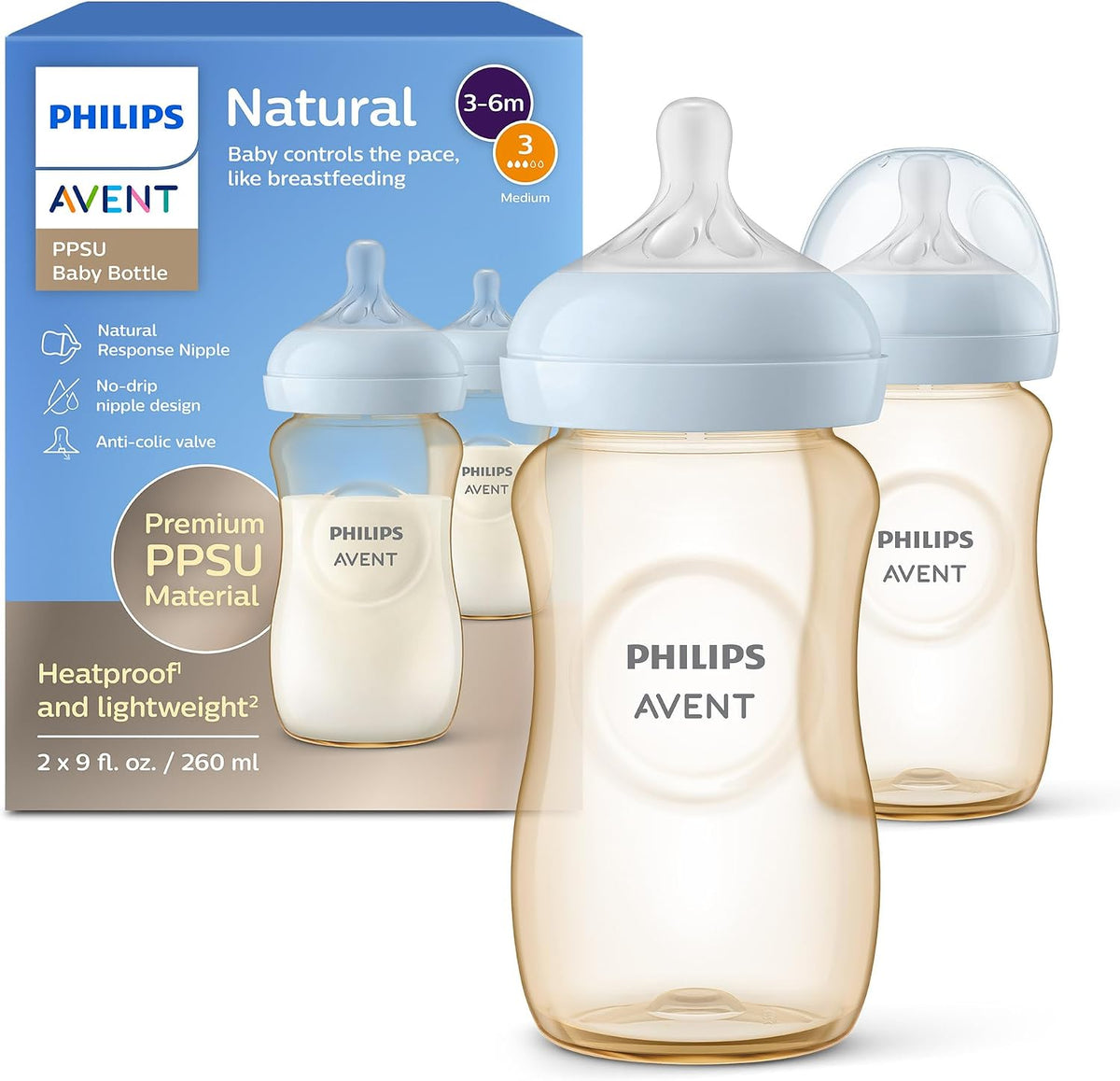 Philips Avent Natural PPSU Baby Bottles, Medium Flow, 9 oz, BPA-Free