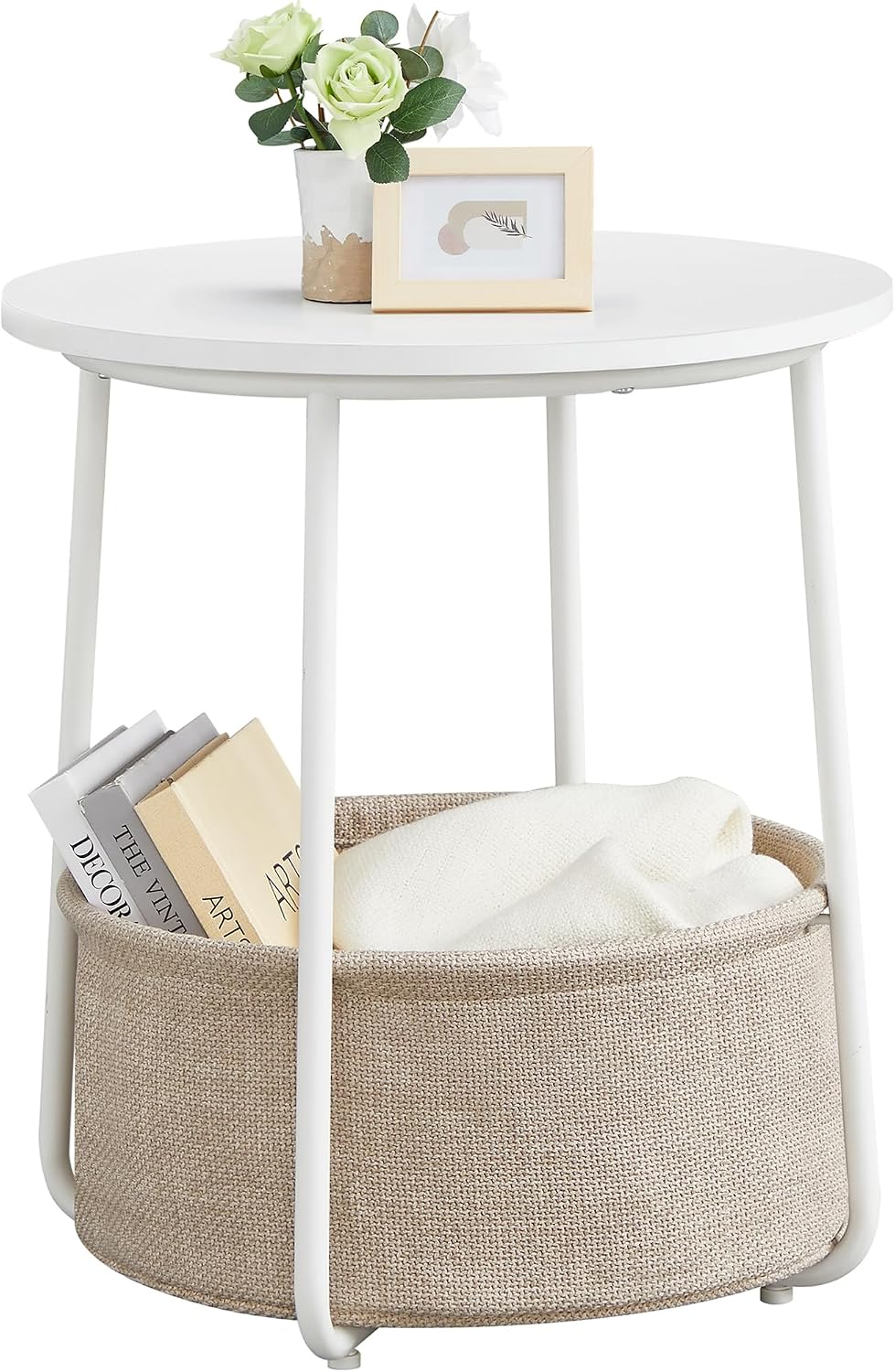 VASAGLE Small Round Side End Table, Small Nightstand with Fabric Basket