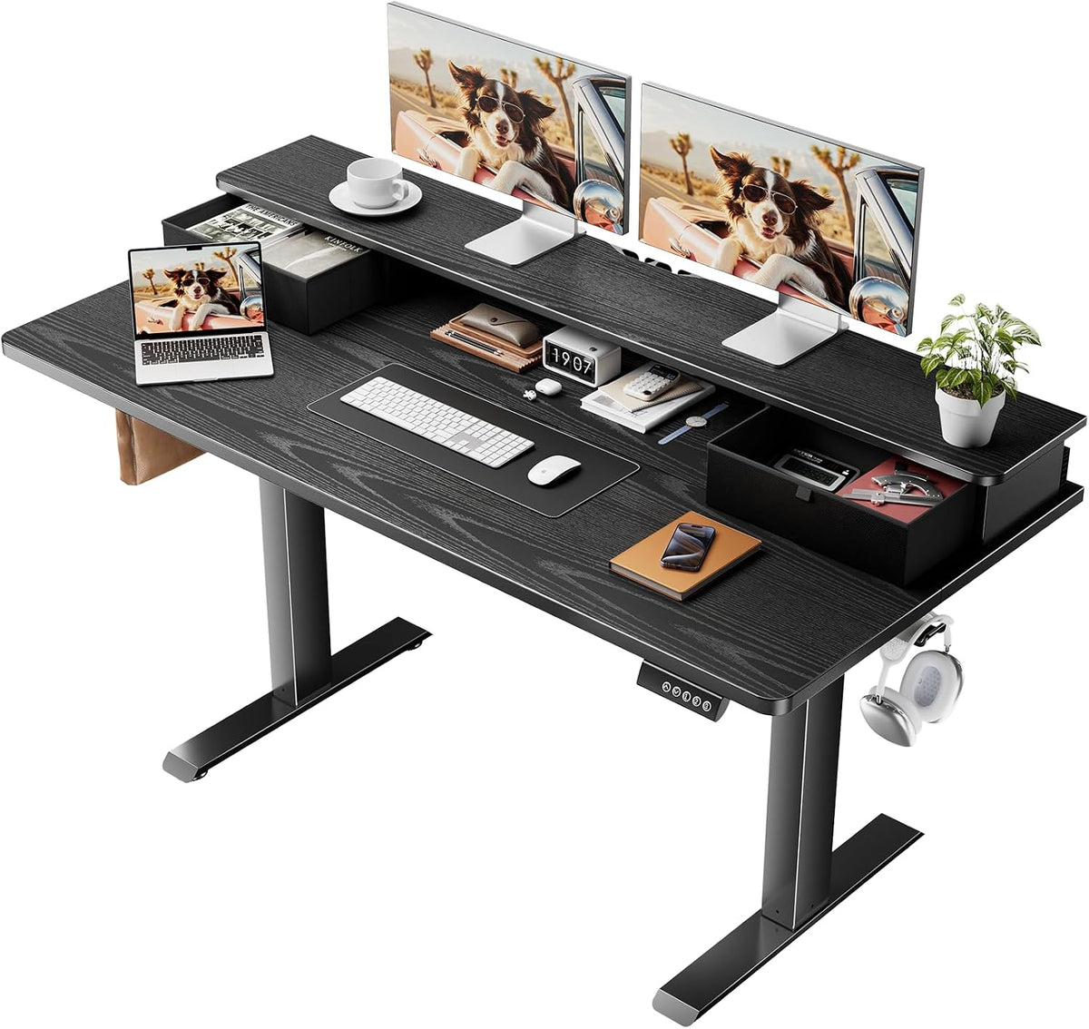 Veken 47x28 in Electric Standing Desk with Drawers, Adjustable Table, Brown