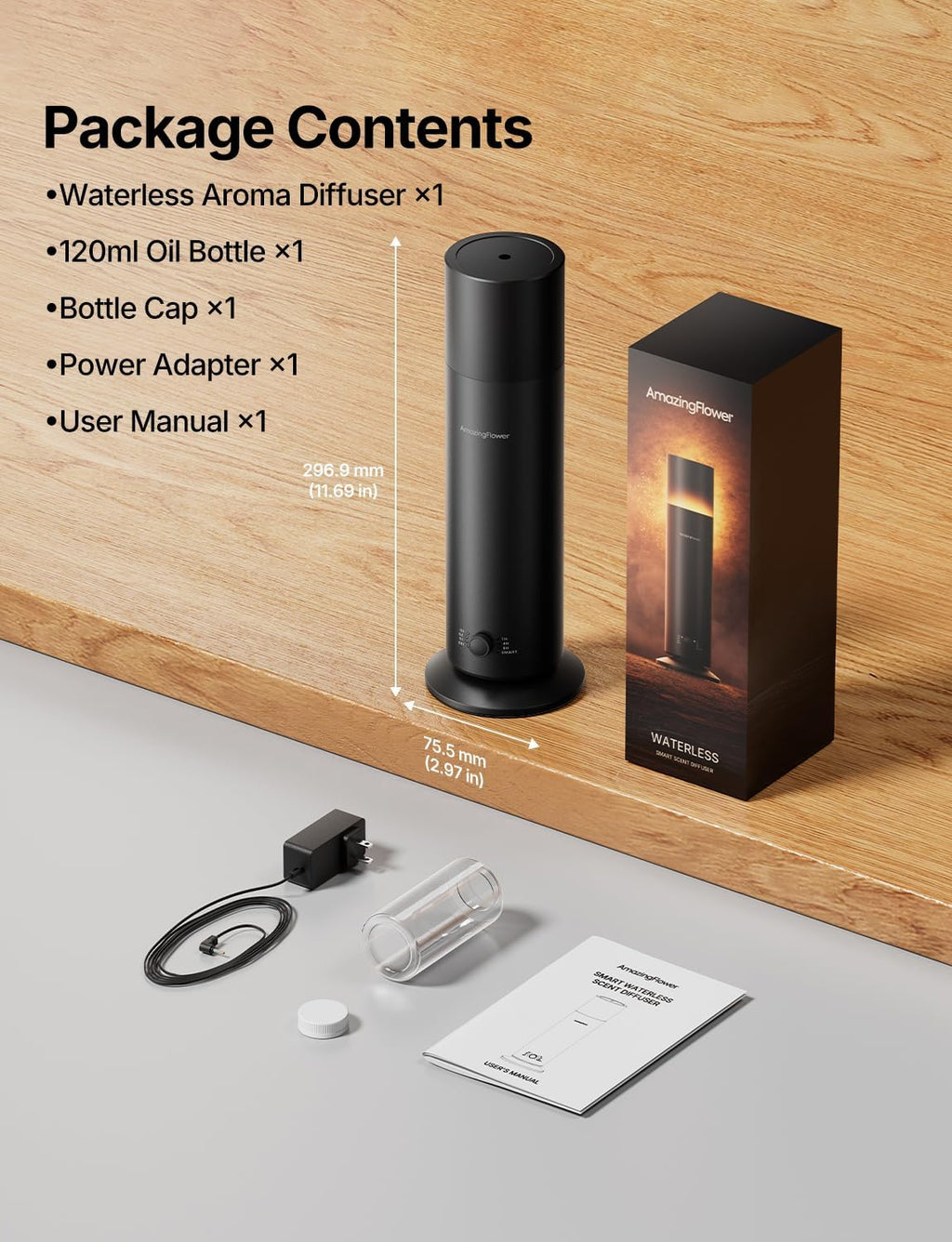 Waterless Essential Oil Diffuser with App Control for Home, Black