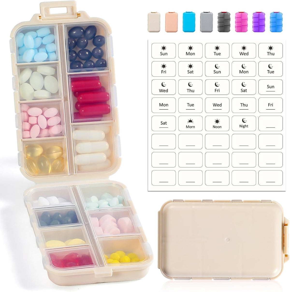 LANDNEOO 14 Grids Pill Organizer Box with Labels, Travel Medication Holder Dispenser Case Kit, Pocket Daily Pharmacy Container for Fish Oil Vitamin Supplement Storage, Khaki Pink Grey, 3 Pack